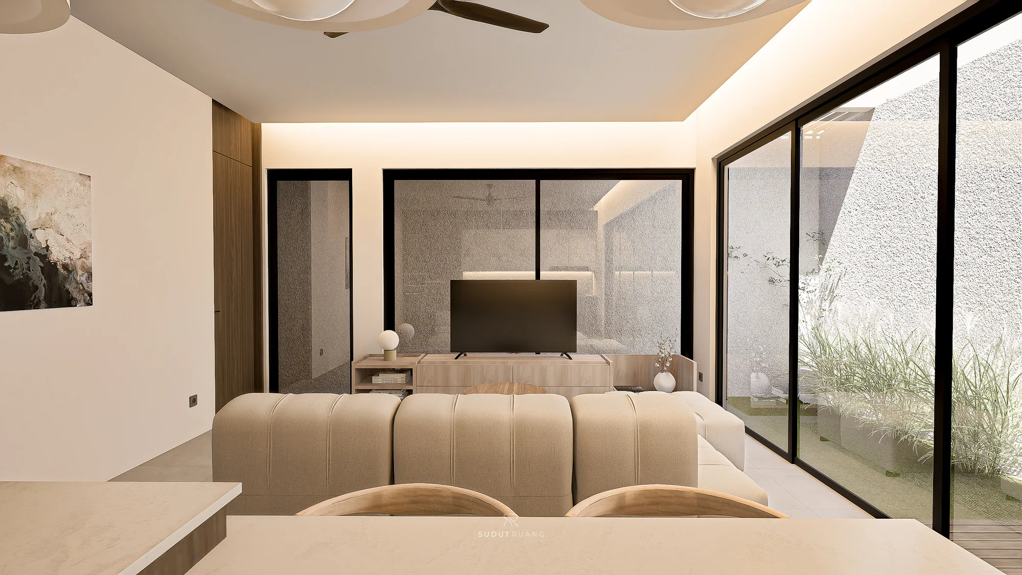 A wide view of KF House's living area, its beige sectional sofa facing the TV console beside full-height sliding glass doors onto the garden.