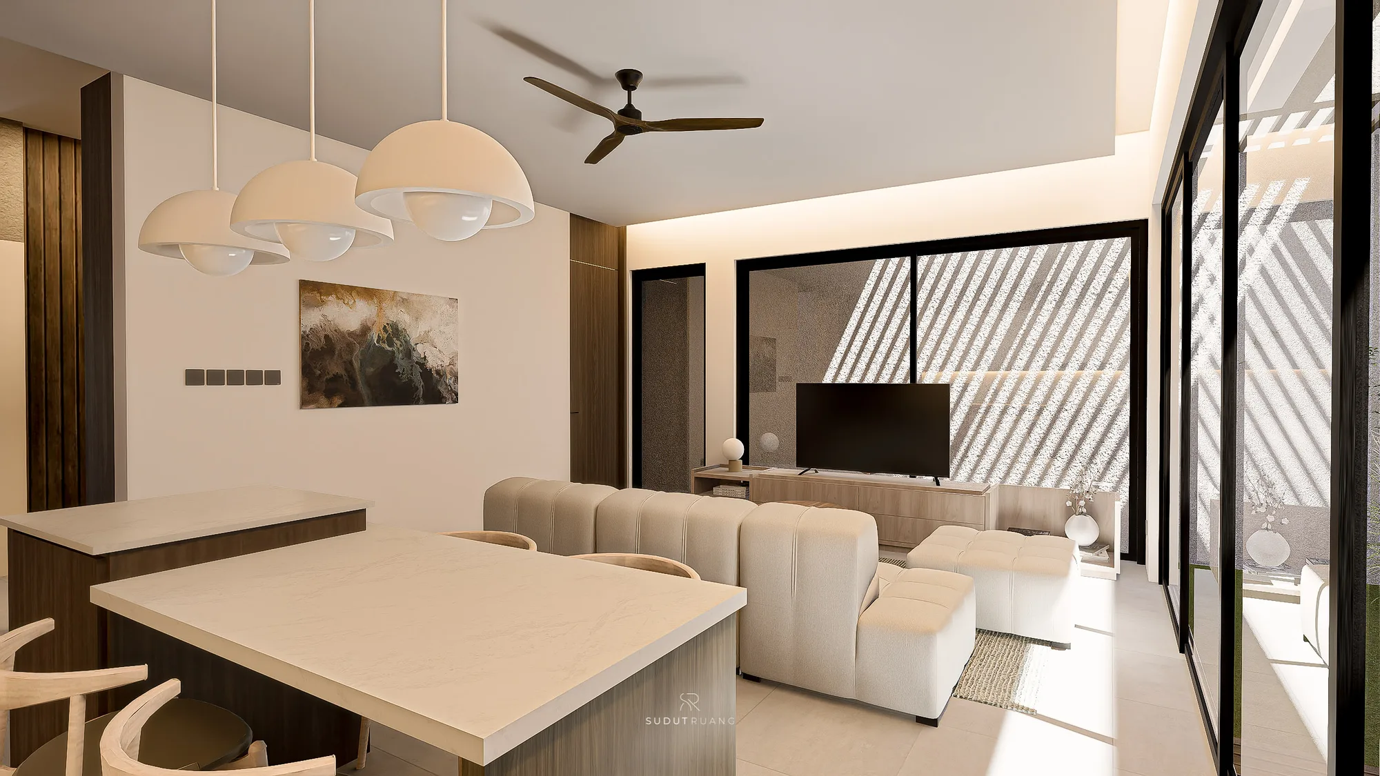 Three dome pendants light KF House's dining table beside the open sectional sofa, with an abstract print on the wall and glazed doors to the garden.