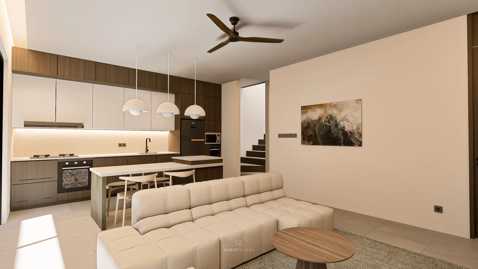 KF House's open living-dining-kitchen in cream and dark-wood cabinetry, dome pendants overhead, and the wood-clad staircase visible past the sofa.
