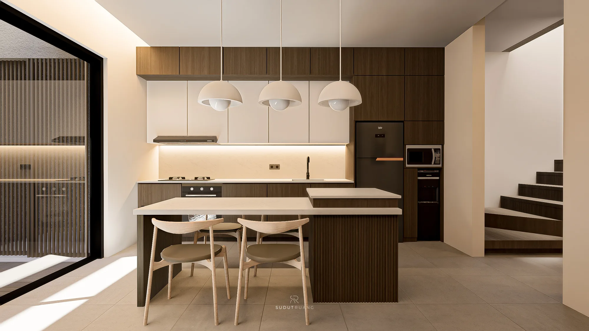 KF House's kitchen with two islands side by side beneath three dome pendants, a dark refrigerator and microwave built into the cabinetry, and the staircase beyond.