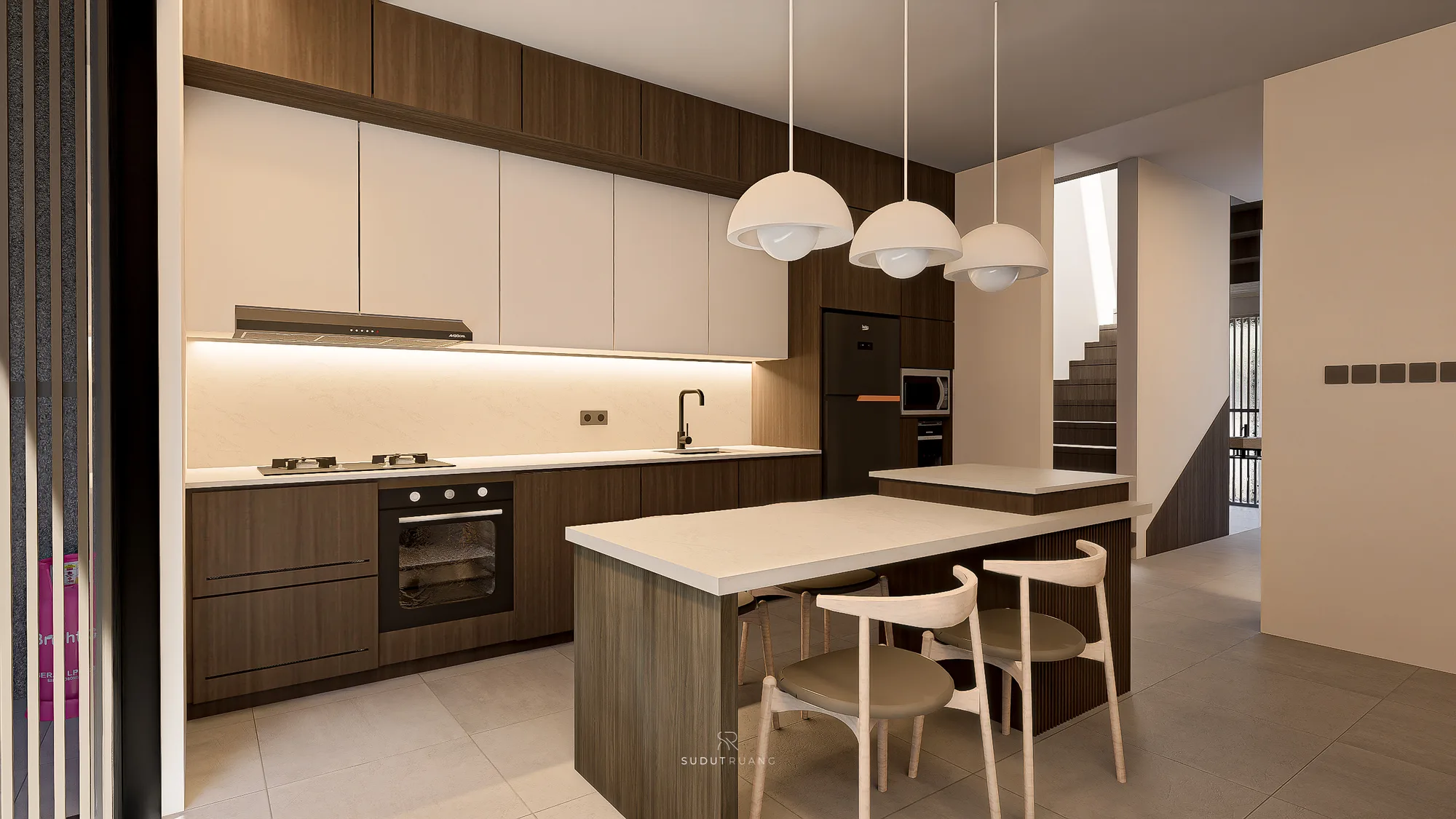 Another view of KF House's dual-island kitchen, with wood dining chairs at the counter and the entry corridor's switch panel visible beyond.