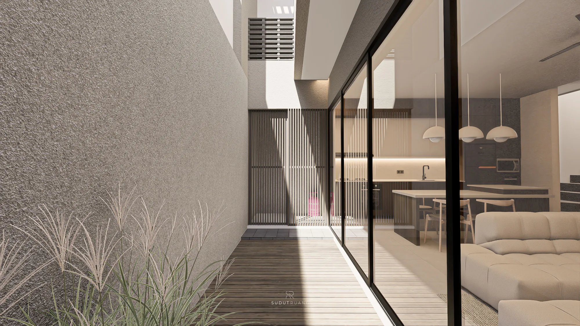 A timber-decked corridor runs past KF House's side garden into the open kitchen and living room, framed by a slatted sliding screen and ornamental grasses.