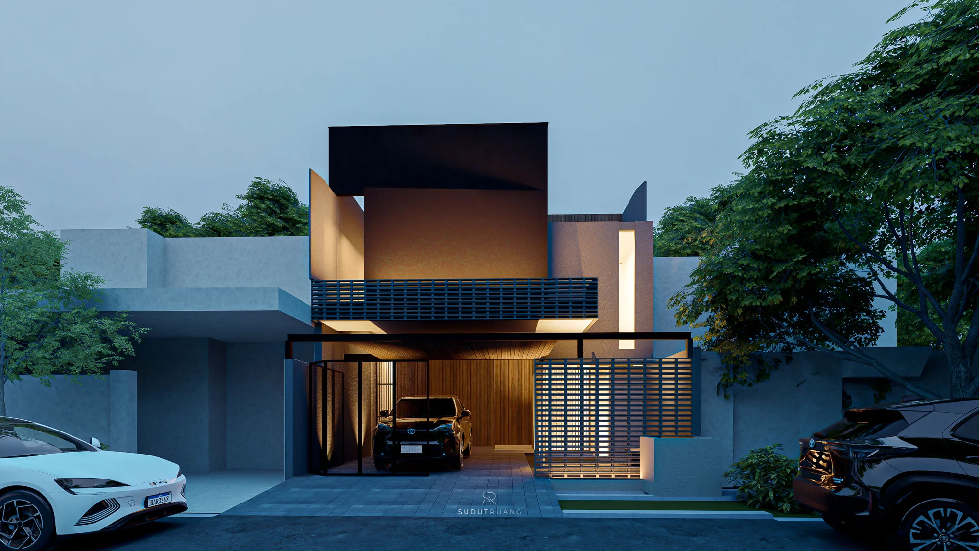 KF House's dark plastered upper volume cantilevering at dusk over a slatted timber balcony, wood-lined carport, and glowing timber screen door.