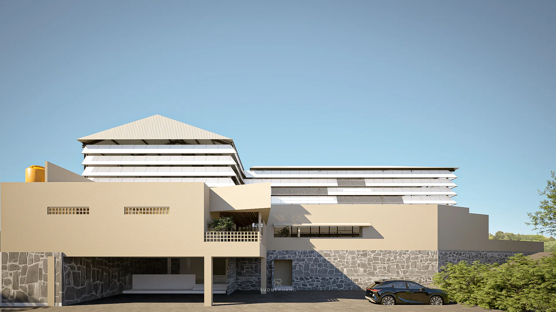 A side view of KT Padel's fin facade by day, its vertical blades catching the afternoon light.