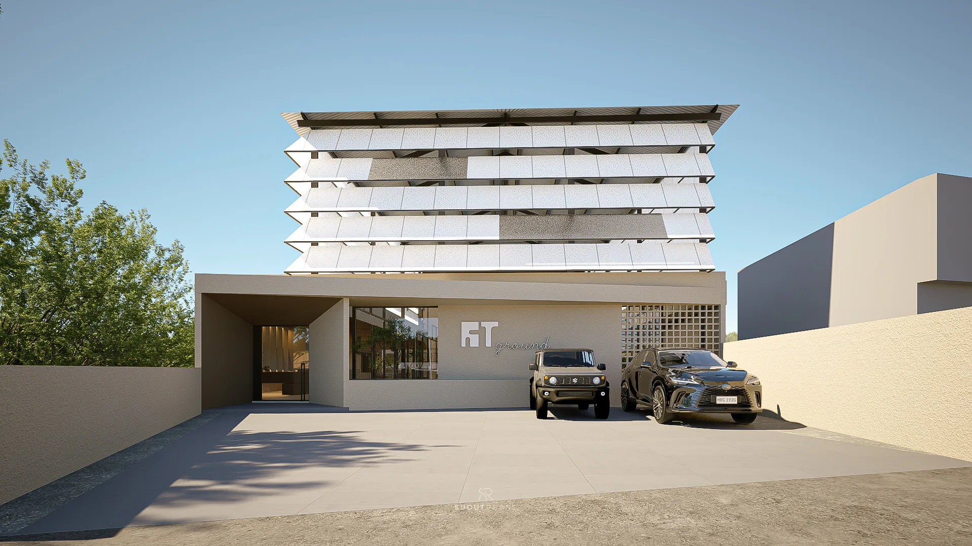KT Padel's fin-shaped facade by day, vertical timber louvers screening the entrance and parked cars.