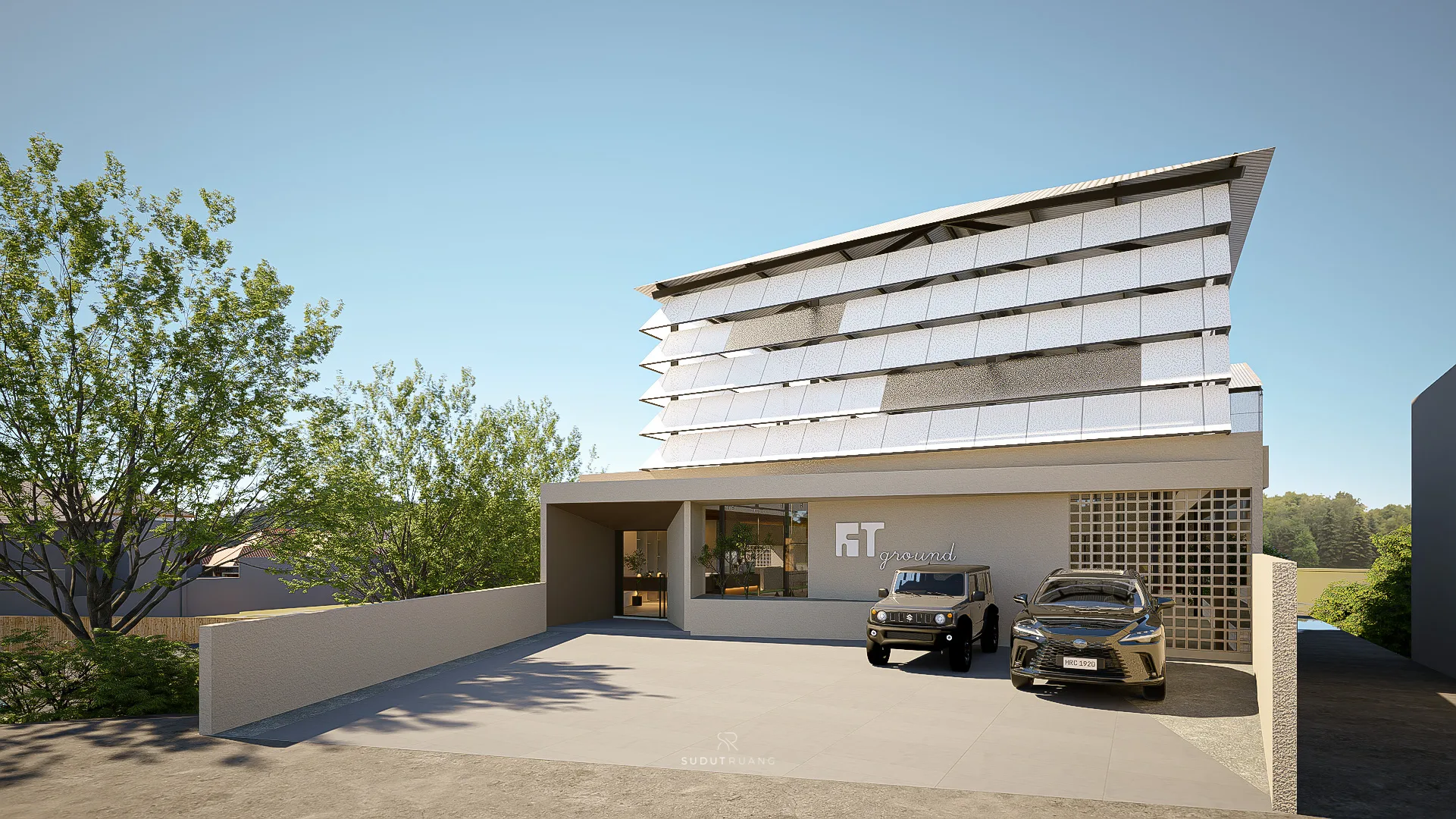 KT Padel's fin-shaped facade by day, vertical timber louvers screening the entrance and parked cars.