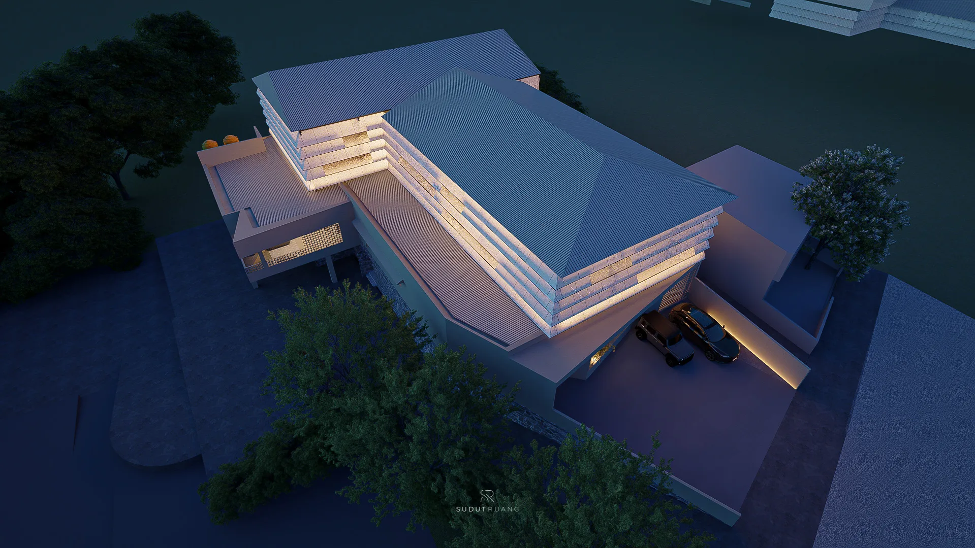The fin facade lit at night, its vertical louvers glowing above the entrance forecourt.