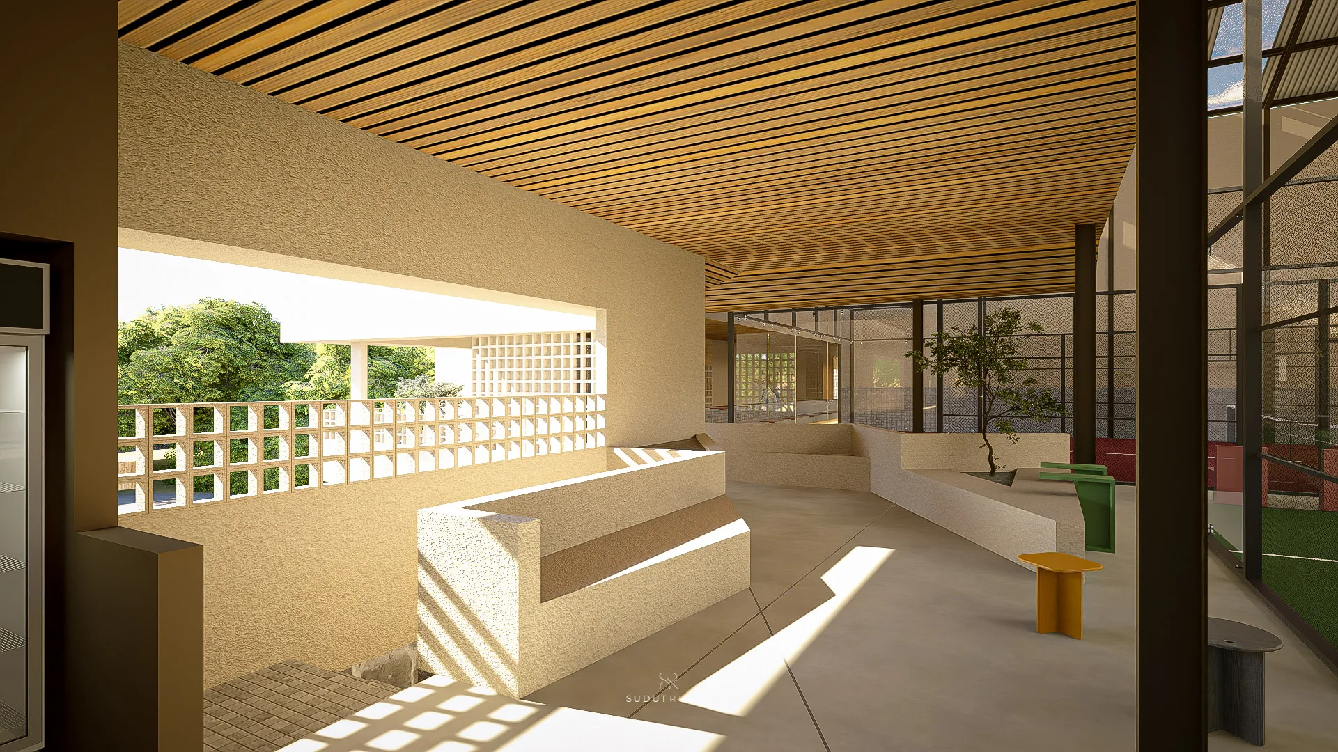 A slat-ceilinged lounge opening onto the courts, built-in benches and a planted corner beside the glass wall.