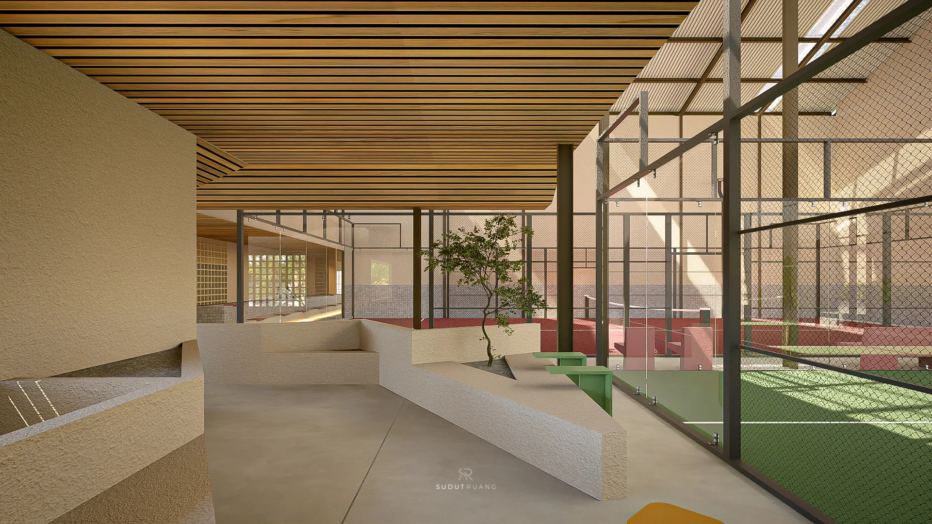 Looking down over the lounge's stepped concrete benches, a young tree rising from a planted pocket between them.