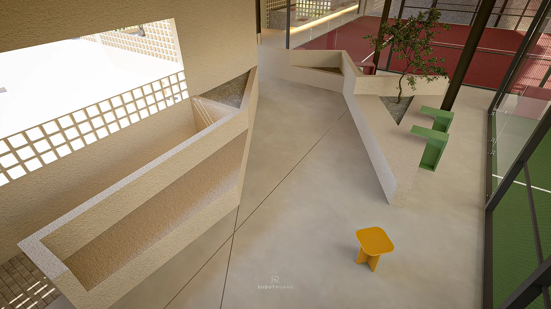 A slat-ceilinged corridor past the reception counter, glass block wall filtering light from the garden beyond.