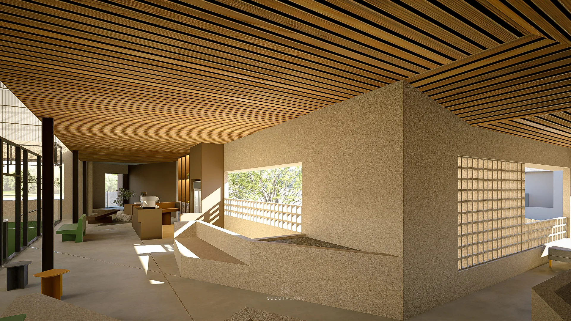 A terracotta bench and planted pocket in the lounge, glass wall opening onto the court beyond.