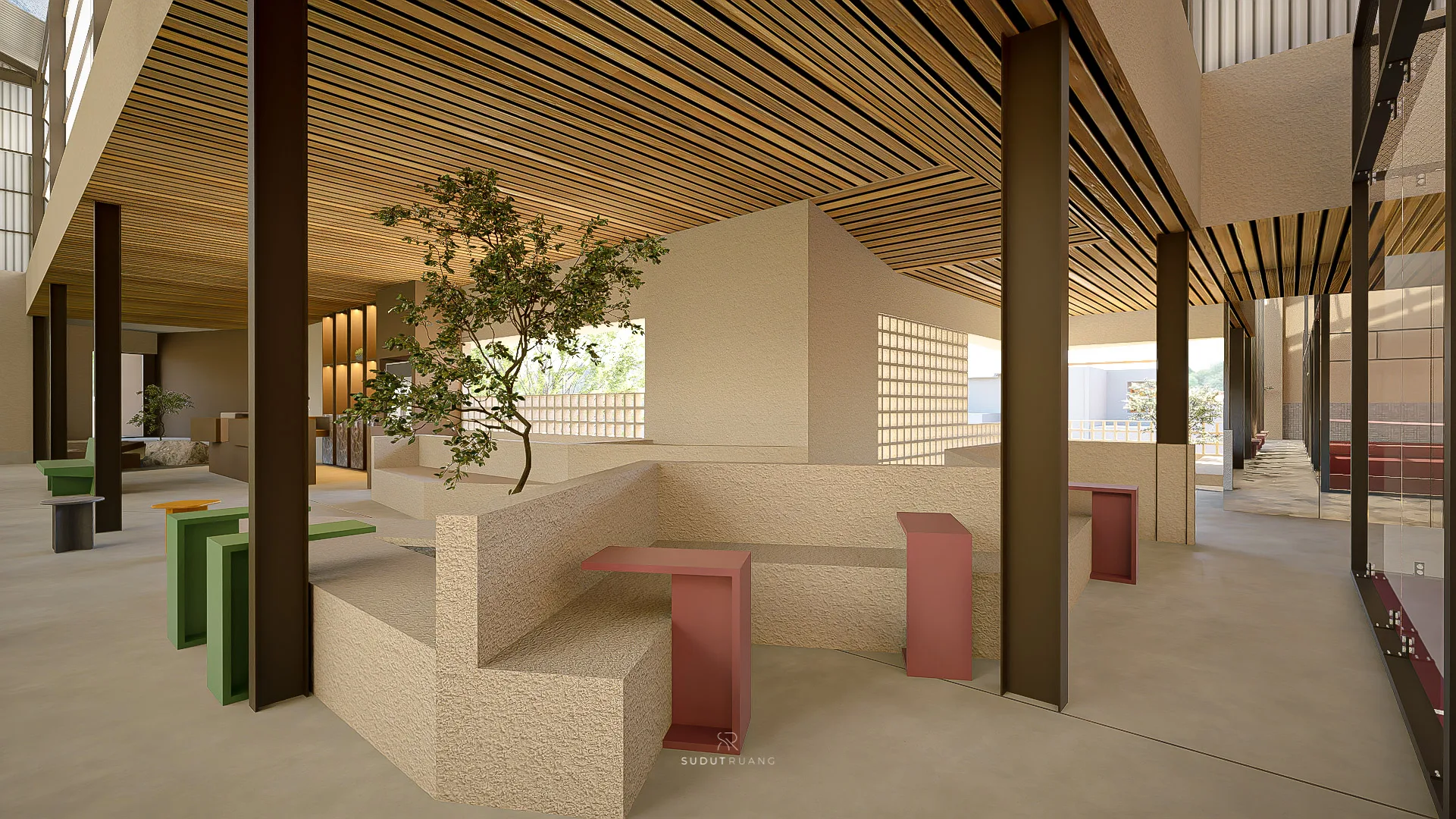 The lounge's terracotta bench seen close, a young tree planted beside it against the glass block wall.