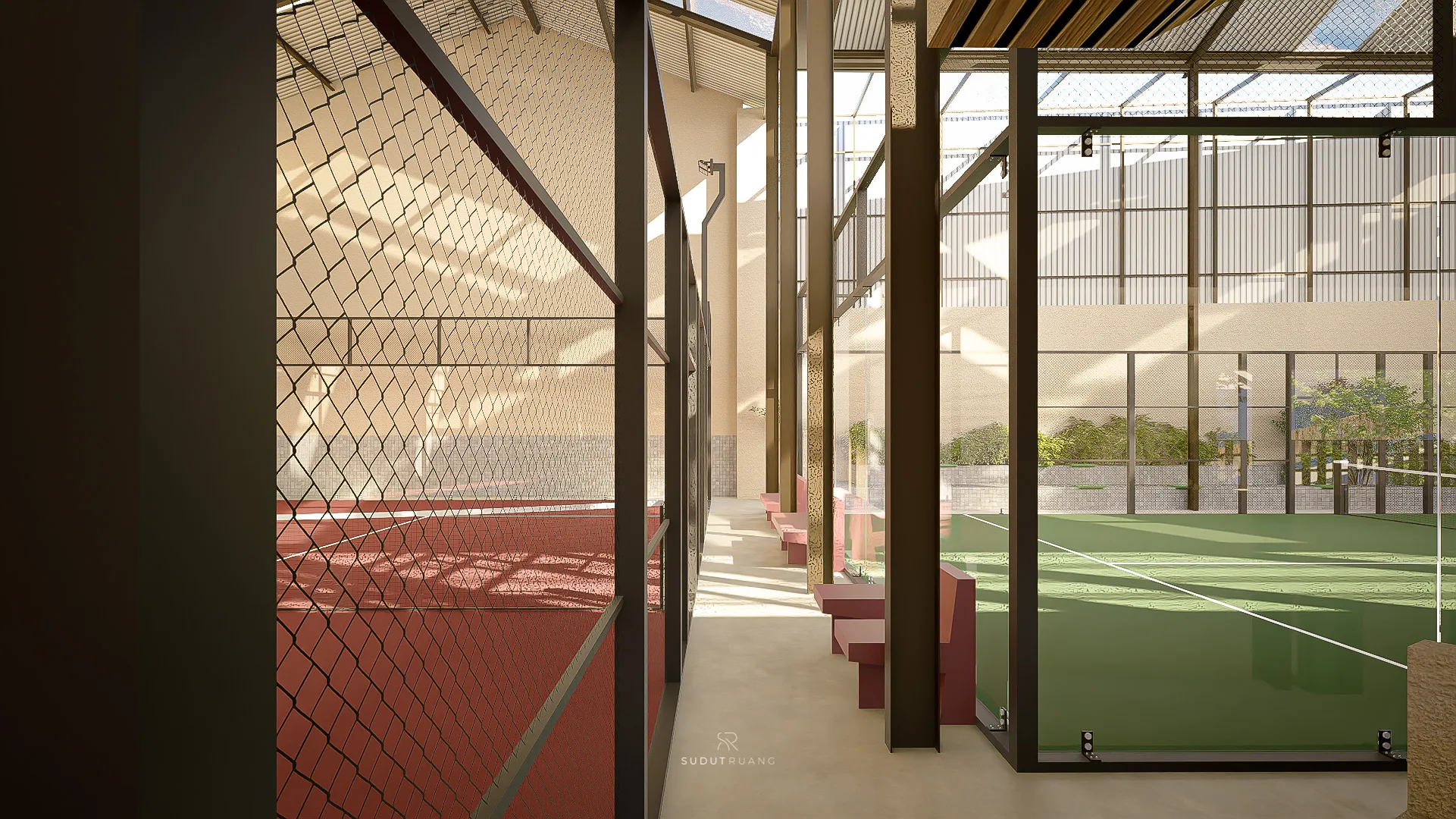 The corridor along the court's mesh fencing, red and green court surfaces visible in sequence.