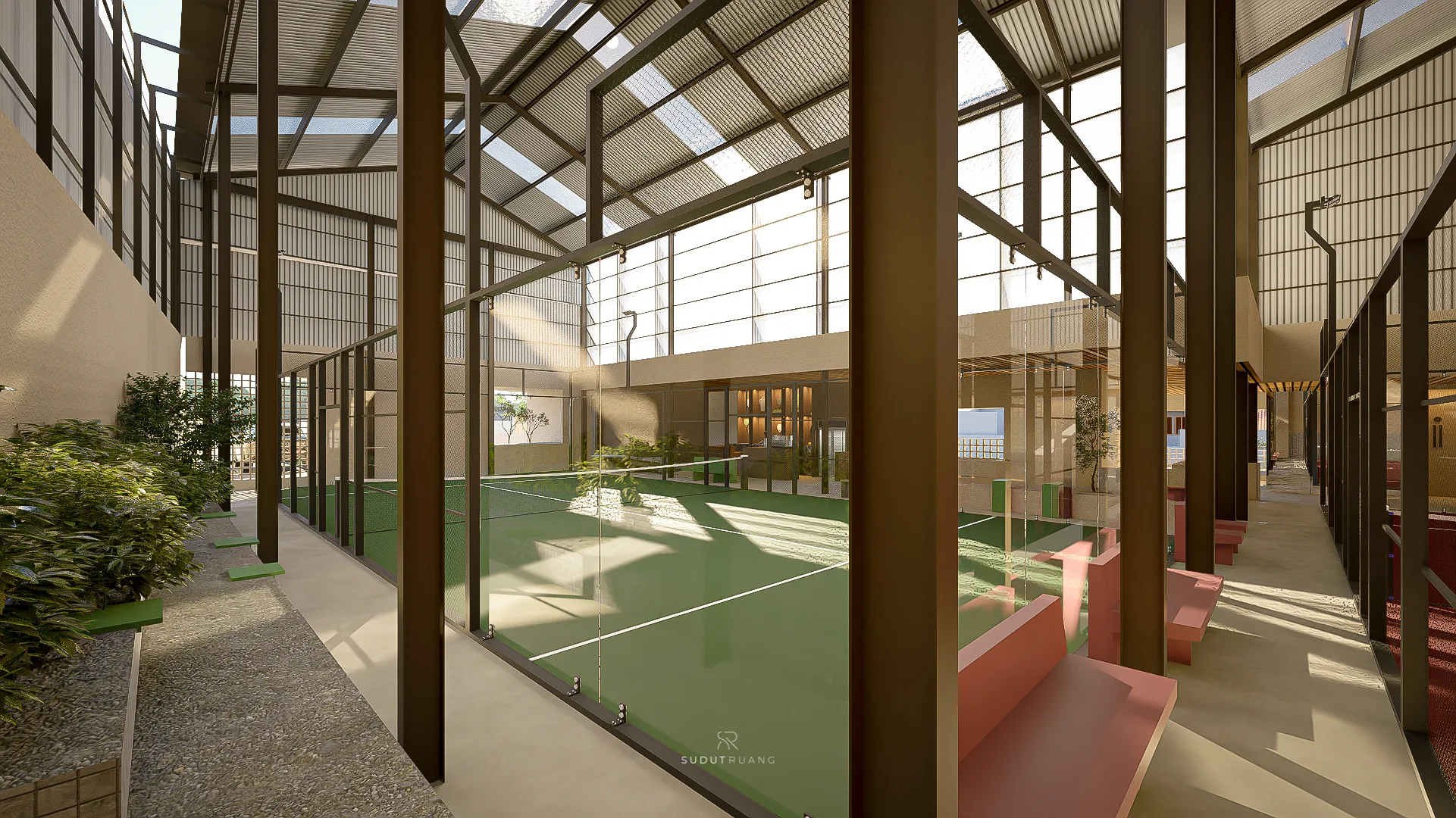 Planted pots line the corridor beside the green court, its glass wall reflecting the reception beyond.
