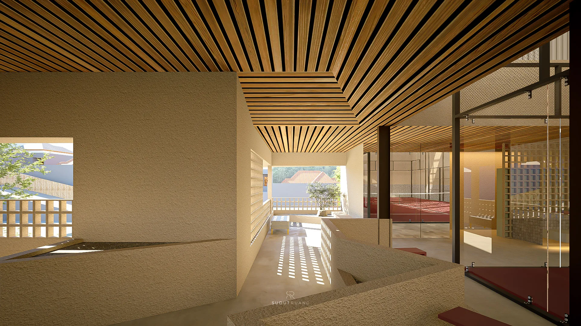 The corridor's glass block wall filtering light, neighbouring tiled roofs visible through the open end, the red court beyond.