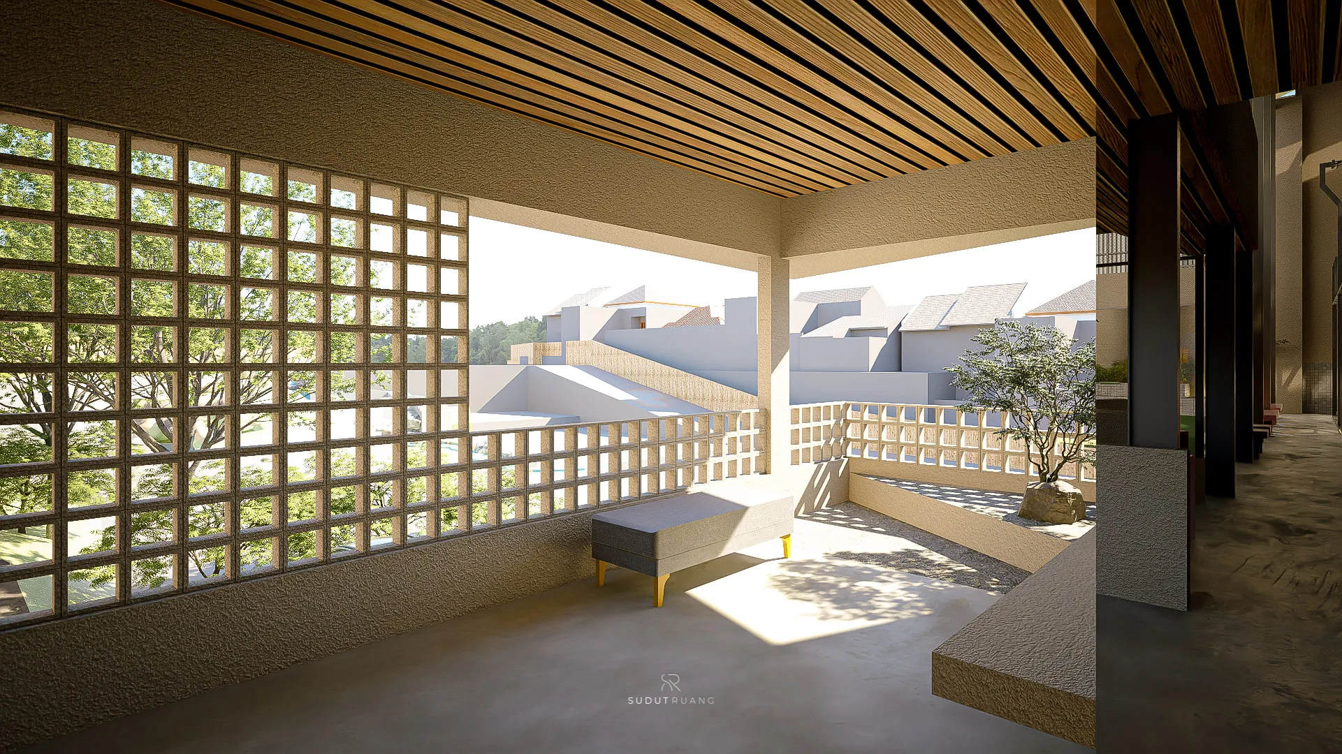 A bench built into the terrace, glass block wall on one side and the neighbourhood's rooftops on the other.