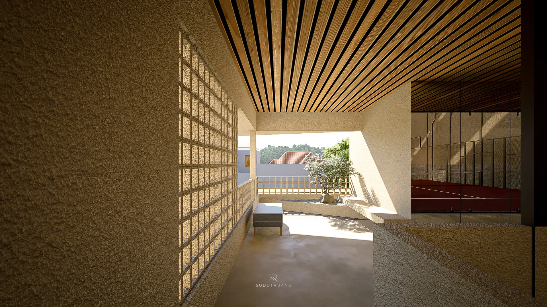 The terrace corridor's glass block wall glowing with daylight, a red court visible through the opening ahead.