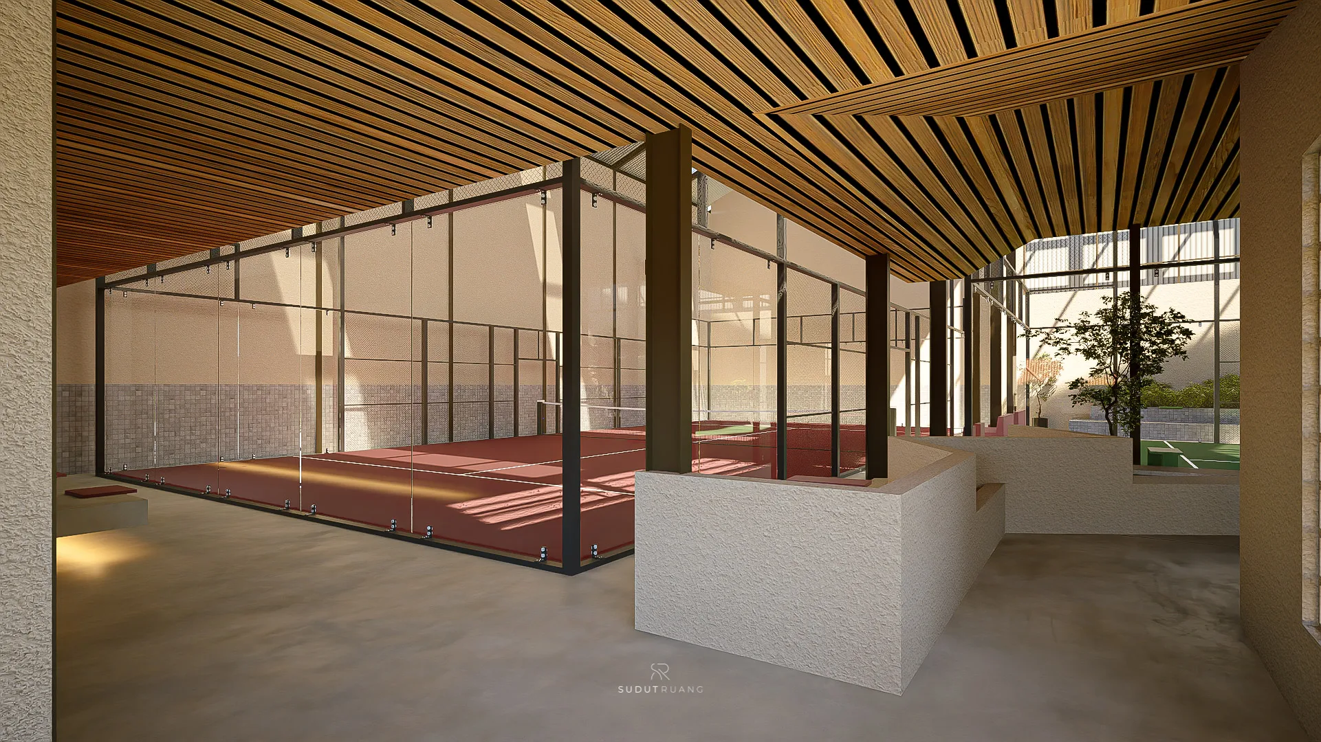 The glazed court box seen from the terrace, its mesh fencing and net visible through the glass, planting along the boundary.