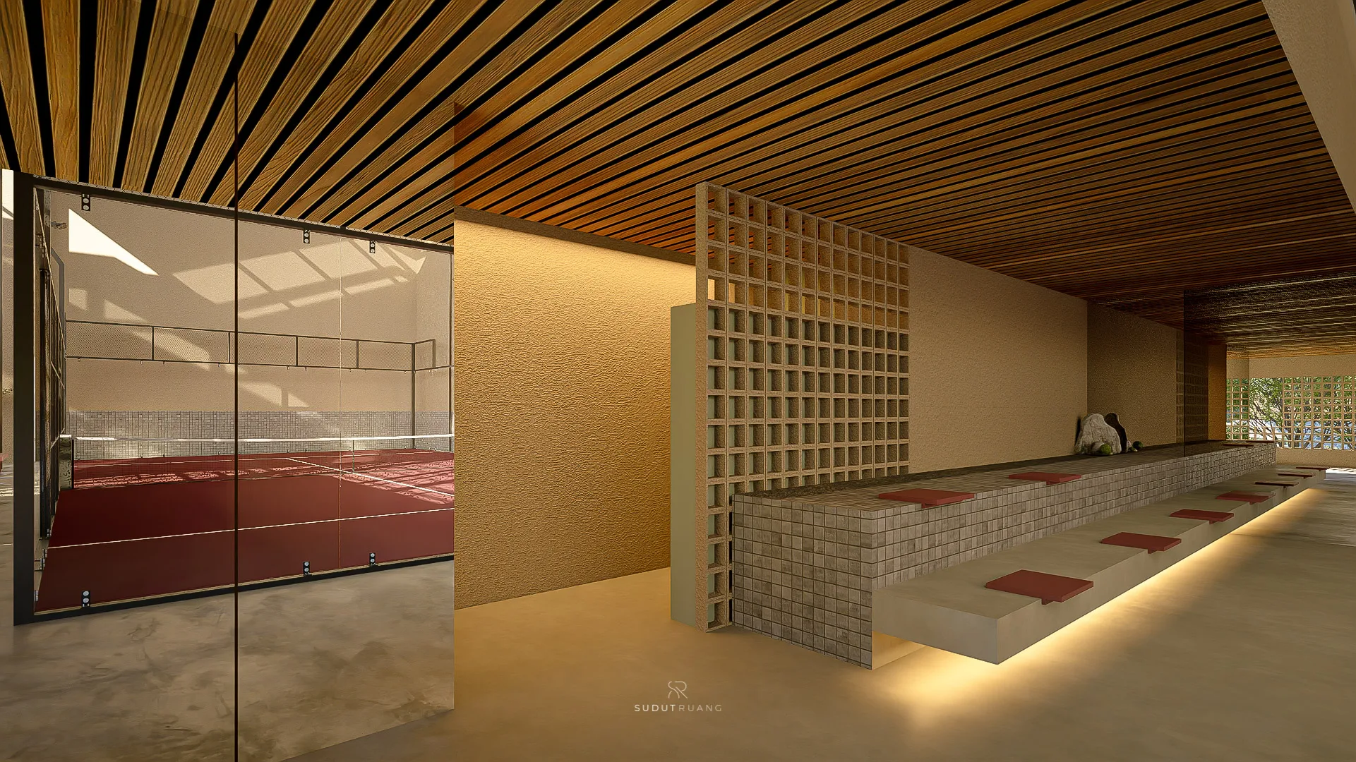 A glass block wall beside built-in bench seating with terracotta cushions, the court visible through the mesh.