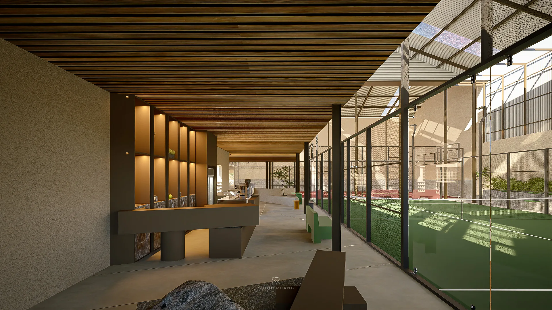 The corridor's illuminated display niches beside the reception counter, the green court visible through the glass wall.