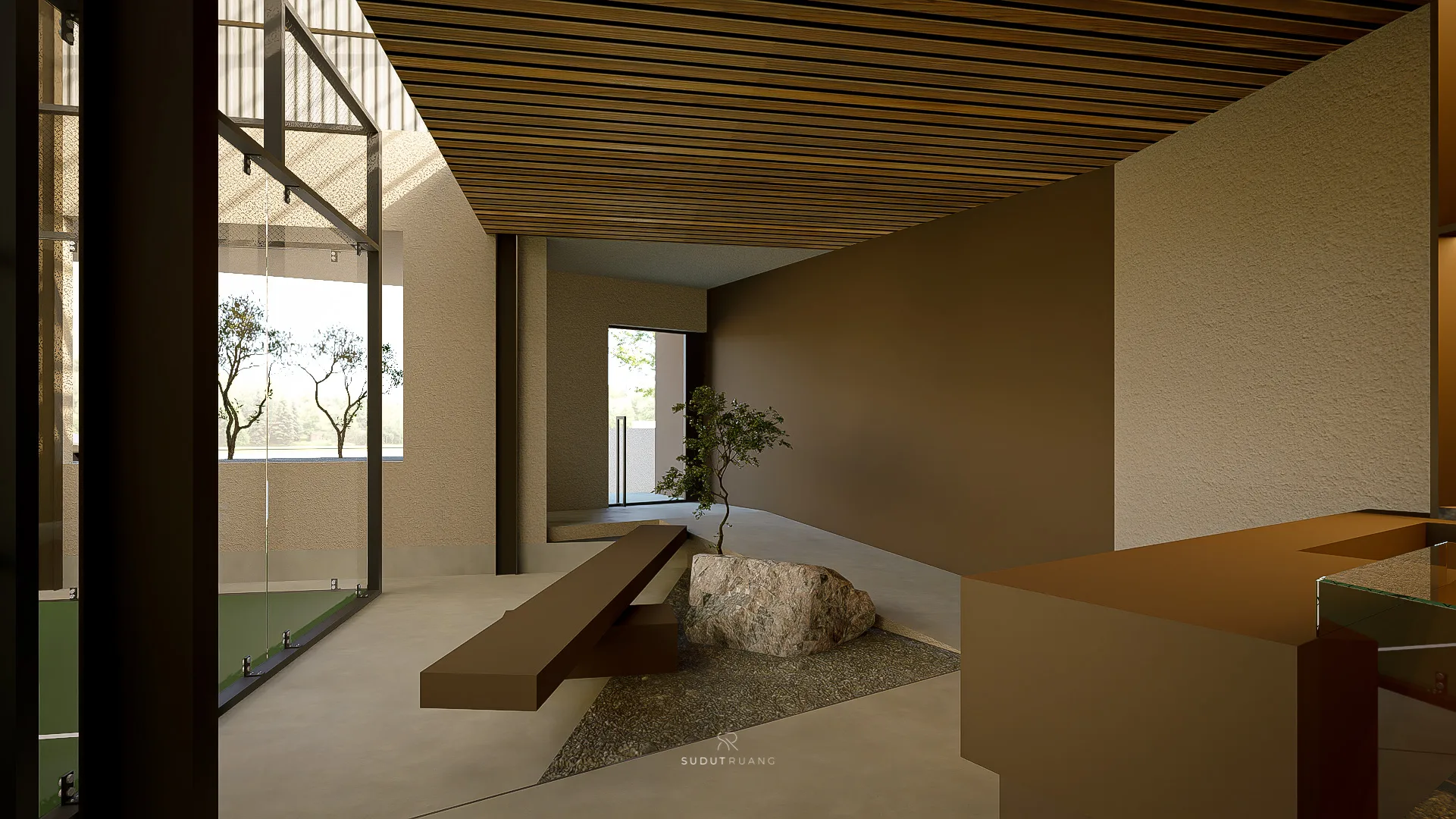 A boulder and timber bench set into a planted corner off the corridor, the reception counter visible ahead.