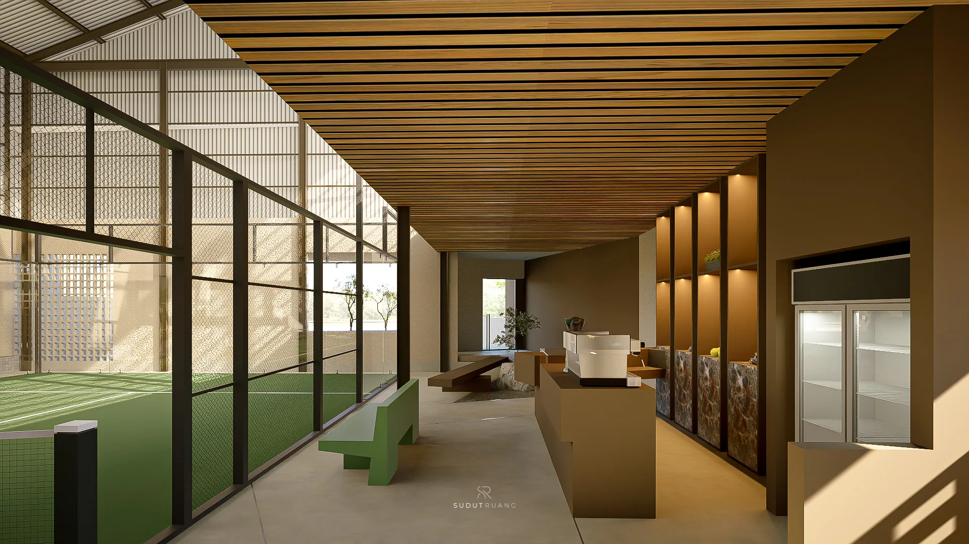 The reception counter with its coffee machine and stone-clad front, pro shop shelving and a fridge behind it.