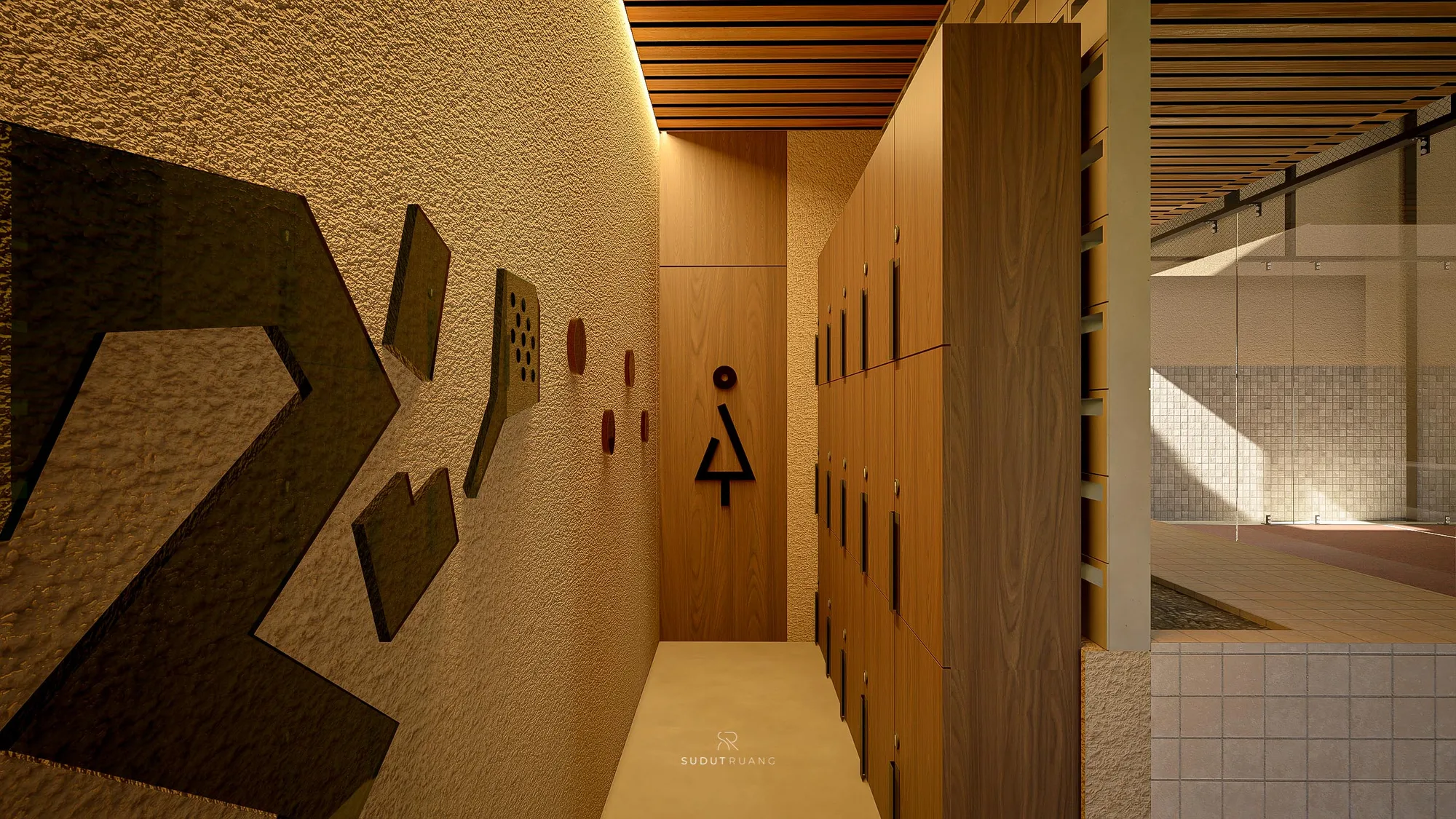 The locker room corridor, wood-veneer lockers beside a restroom sign and a row of decorative wall panels.
