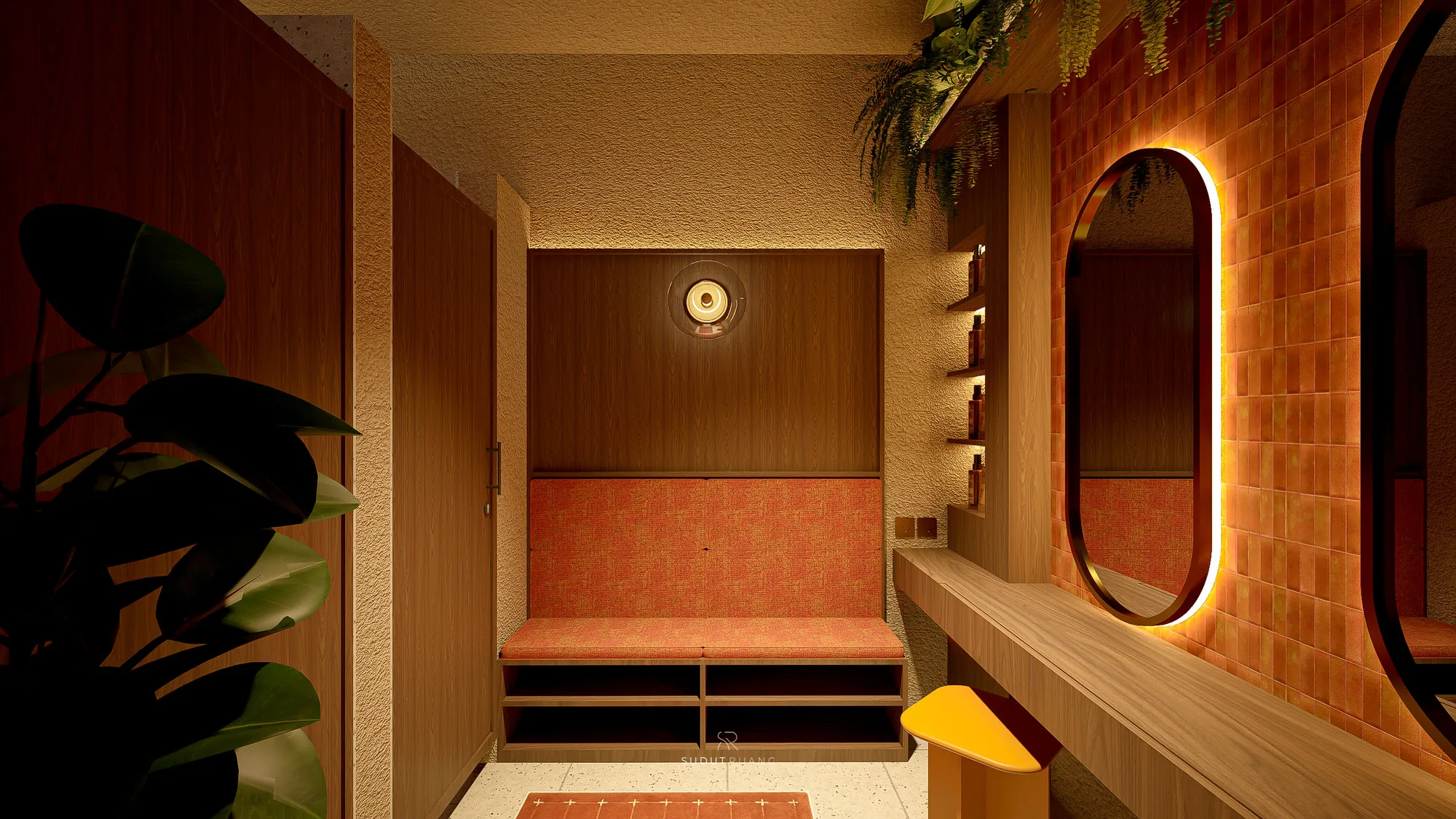 A backlit mirror and bench nook in the changing area, tiled in warm terracotta tones.