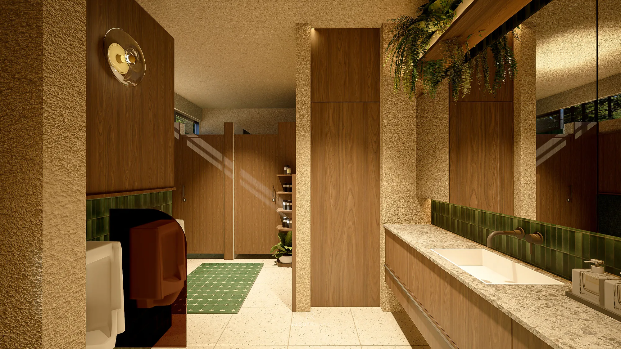 A restroom with a walnut vanity, green tile backsplash, and a urinal in a wood-panelled cubicle beyond.