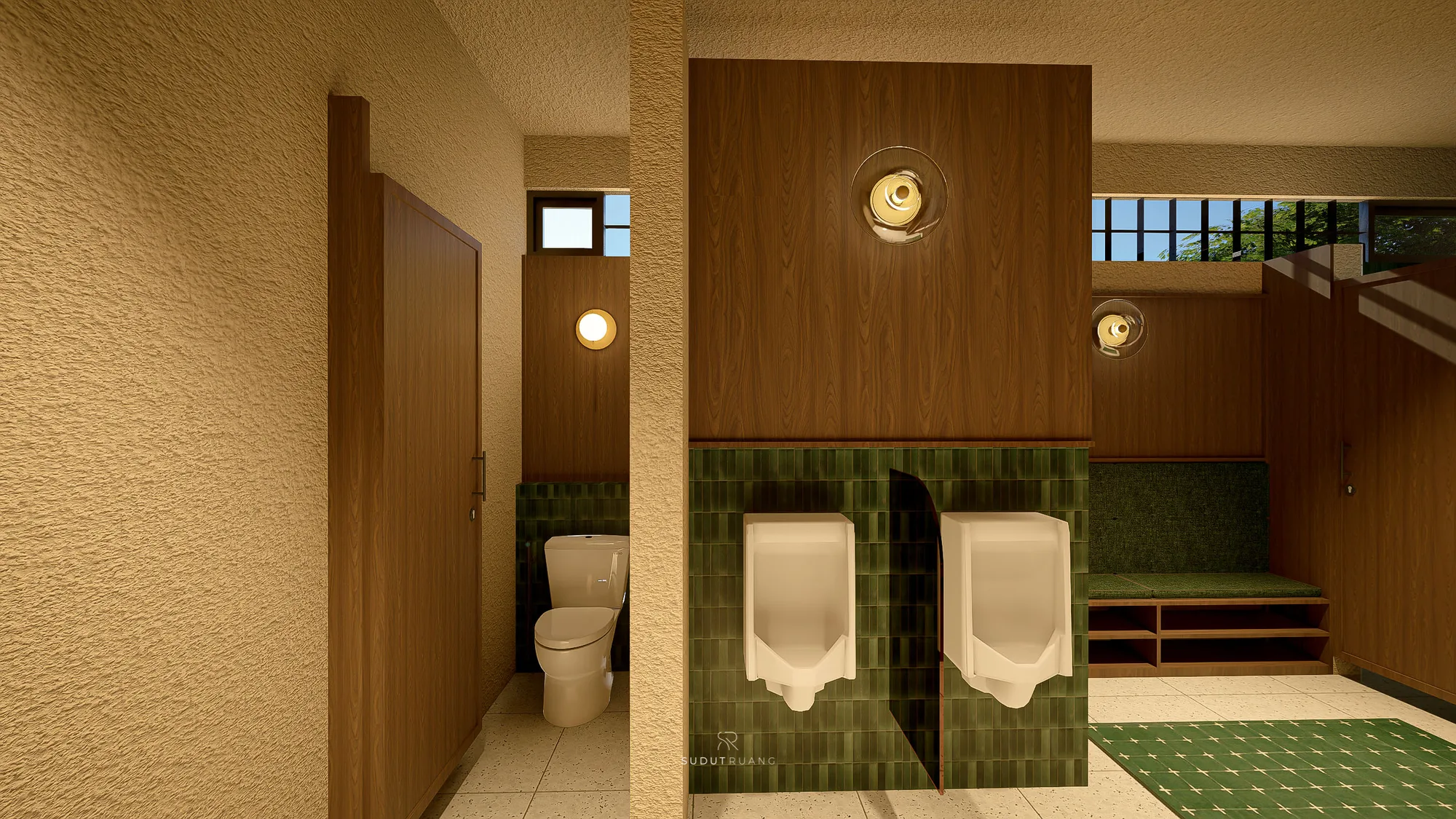 Twin urinals set into a green-tiled wall, a bench seating area visible through the panel beside them.