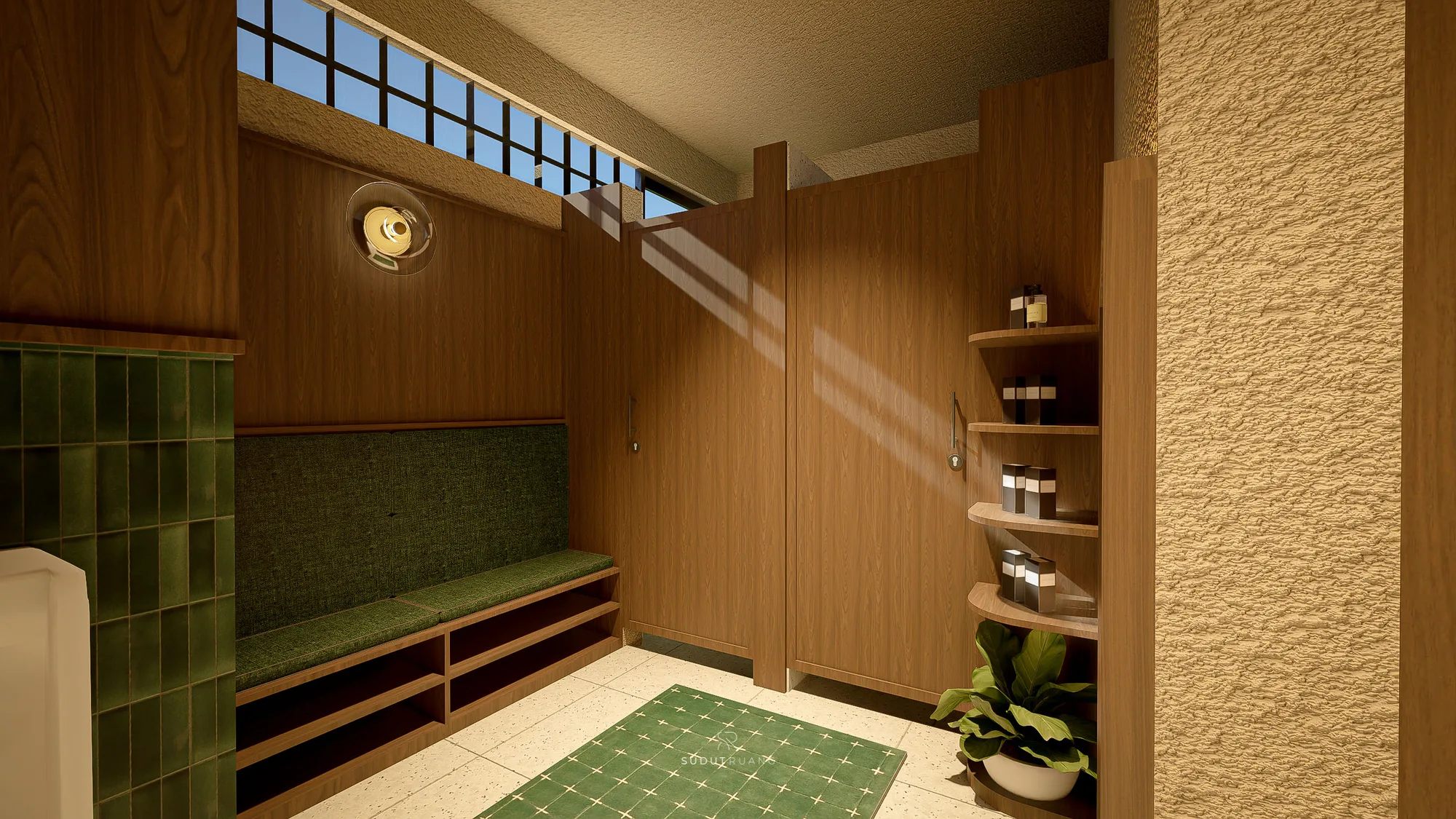 A locker room bench with open cubbies beneath, wood panelling and an amenities shelf beside the doorway.