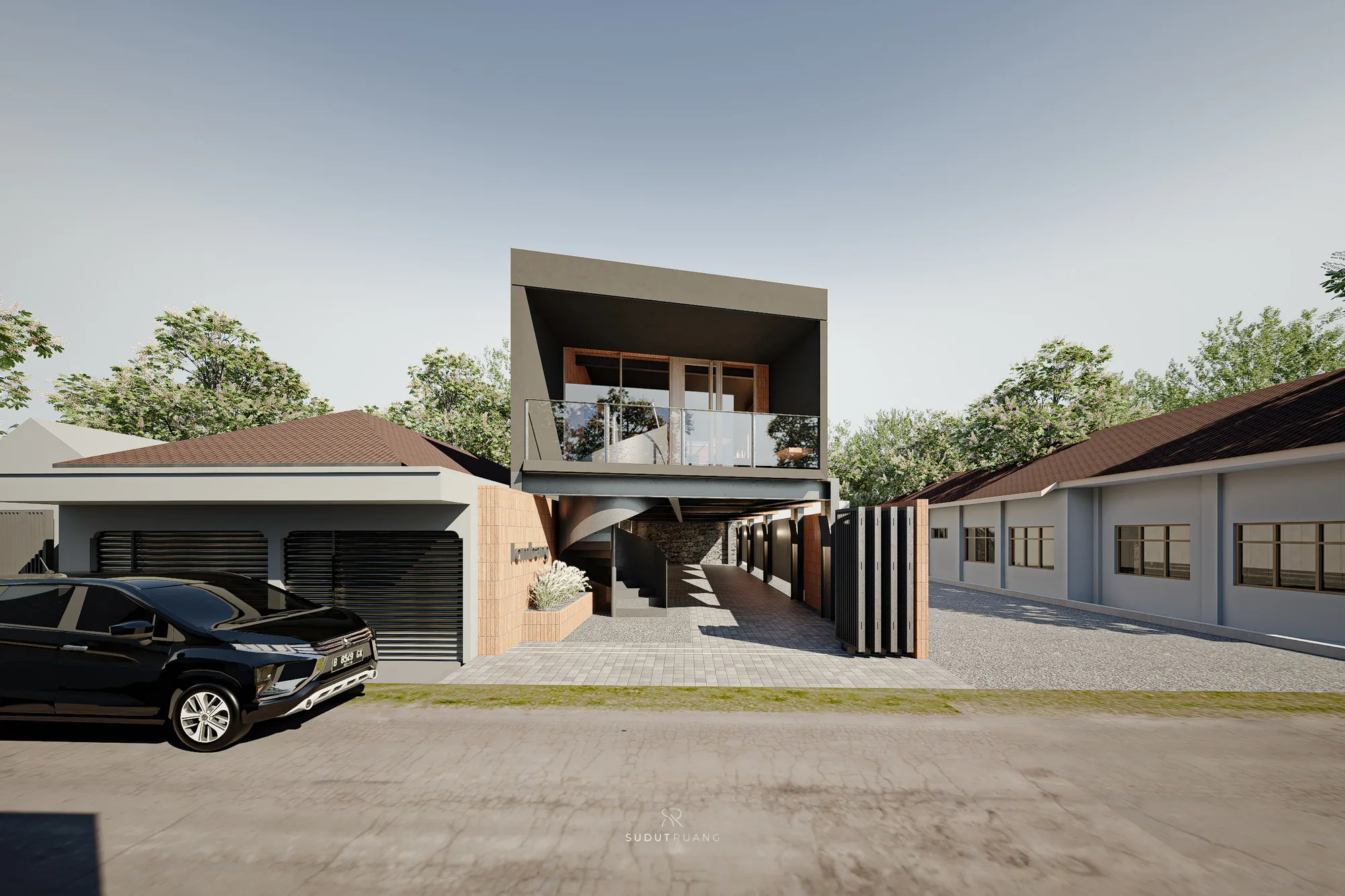 Street-level view of the cantilevered upper box in dusk light, the ground floor's brick columns and the neighbouring roofs receding either side.
