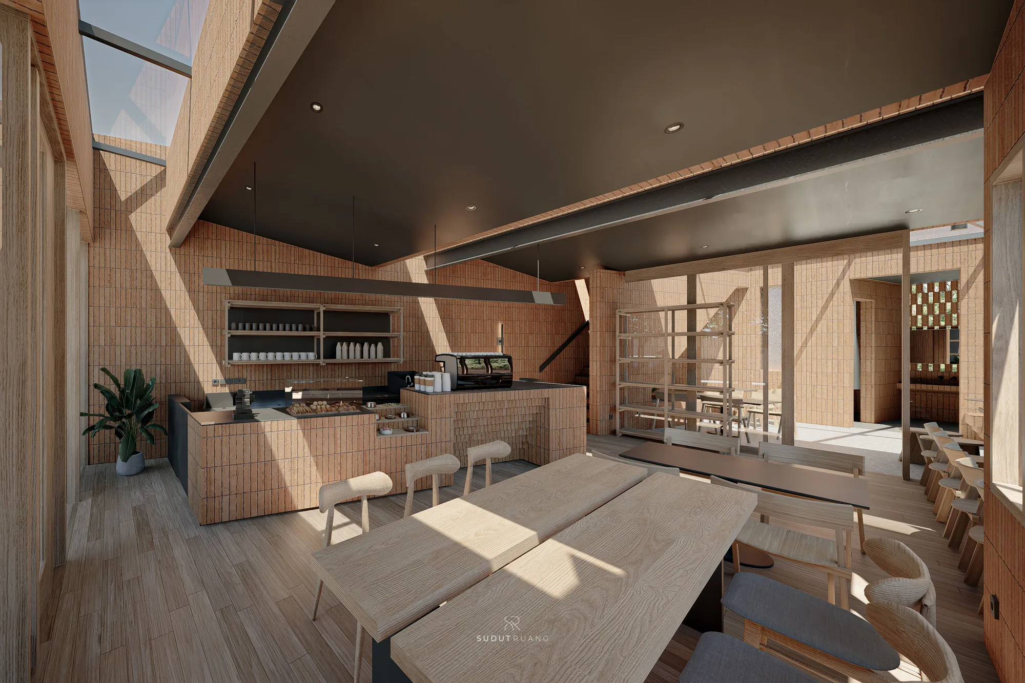 Communal timber tables under a black angled ceiling, brick walls and full-height windows opening the room to the street trees.