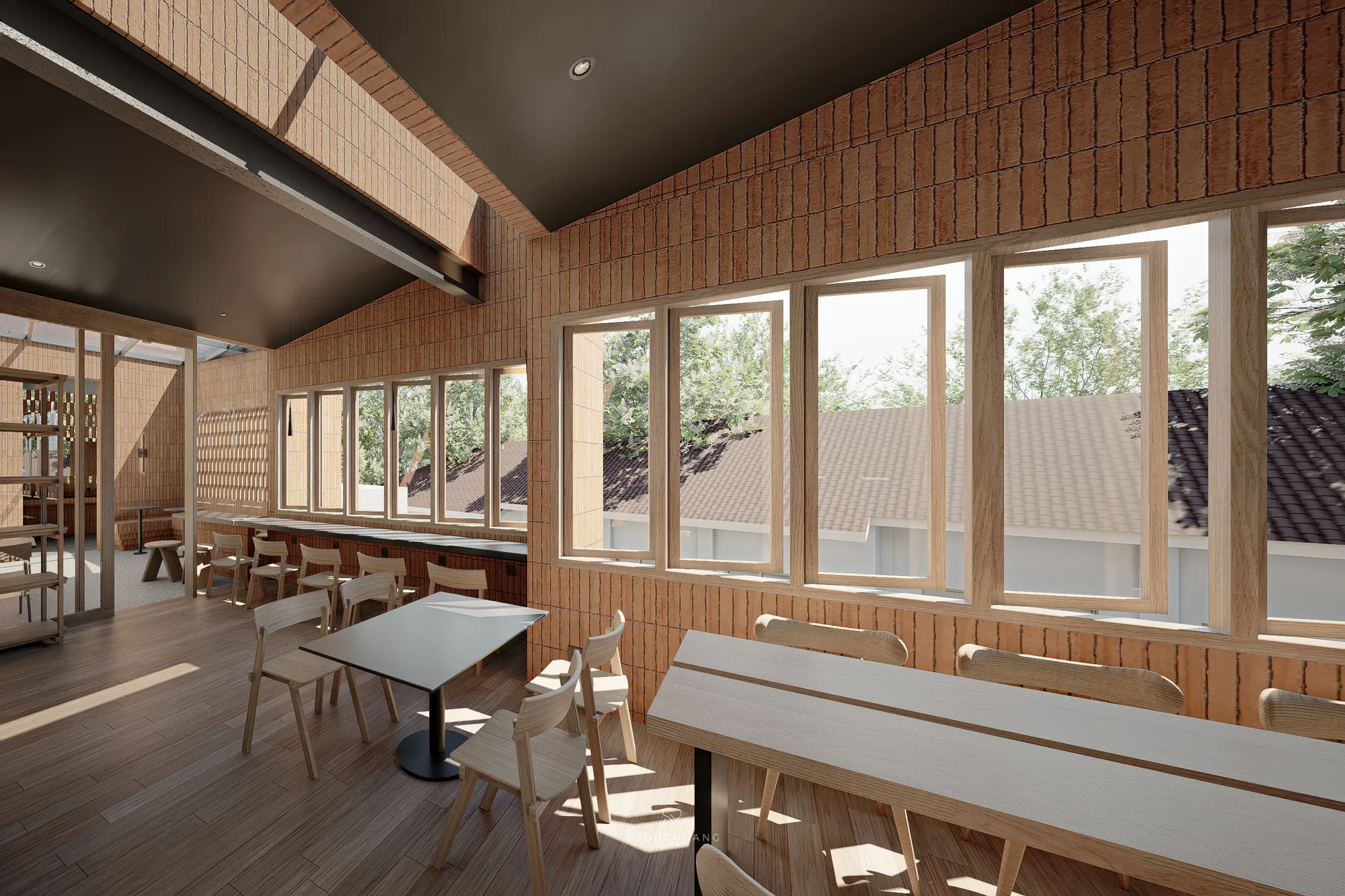 Long dining hall under the raked black ceiling, timber tables running toward the stair core and the brick perimeter wall.