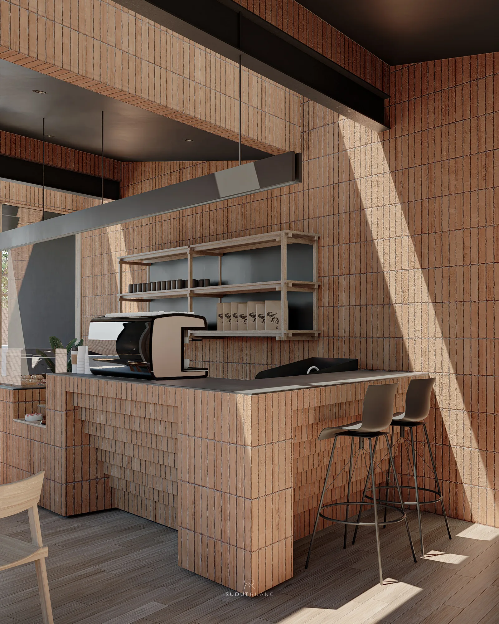 Brick-clad service counter with the espresso machine and open shelving of cups and coffee bags, terrazzo countertop underlit by daylight.