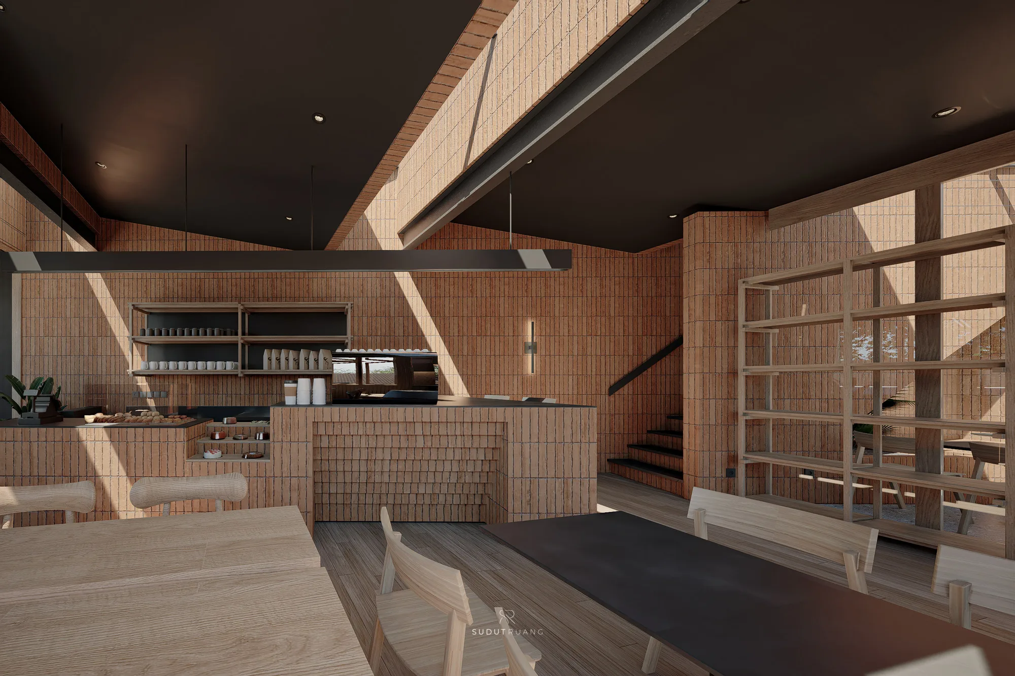 Pastry counter seen from the dining room, black steel stair climbing behind it against the brick-tiled wall.