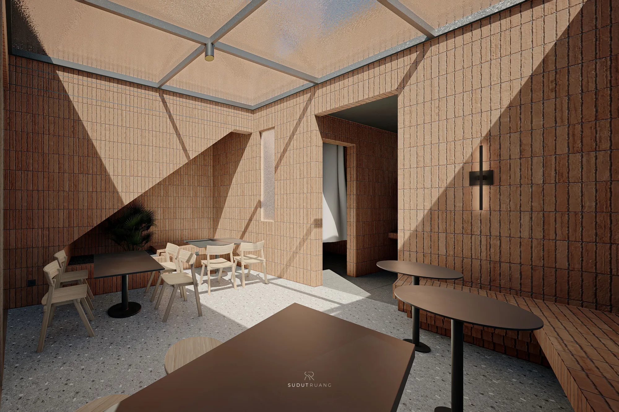 Terrazzo-floored side room with round tables, a perforated brick screen and a narrow window slit lighting the corner.