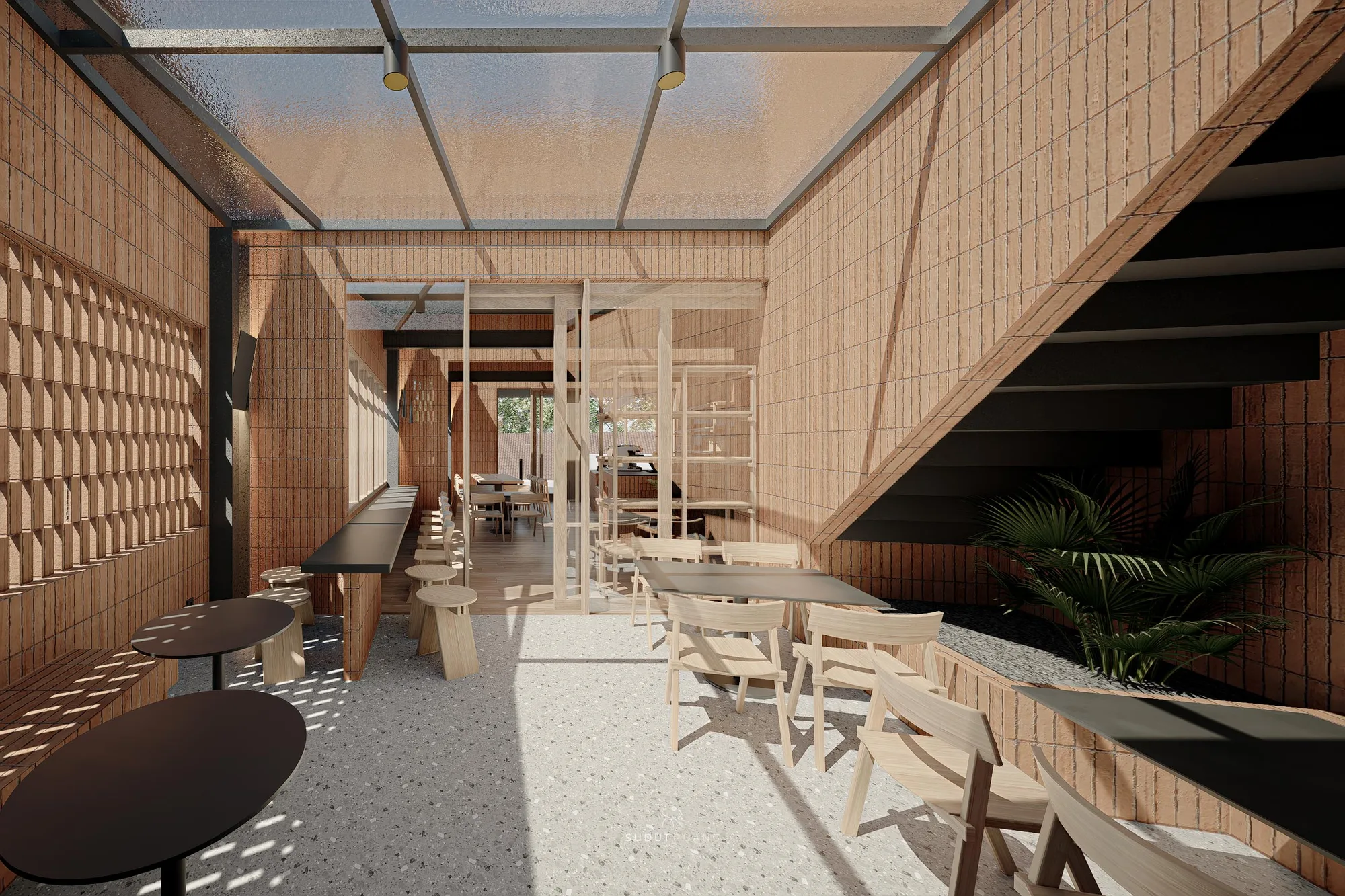 Covered terrace seating along the perforated brick wall, a bar counter and stools set against the stair leading to the loft.
