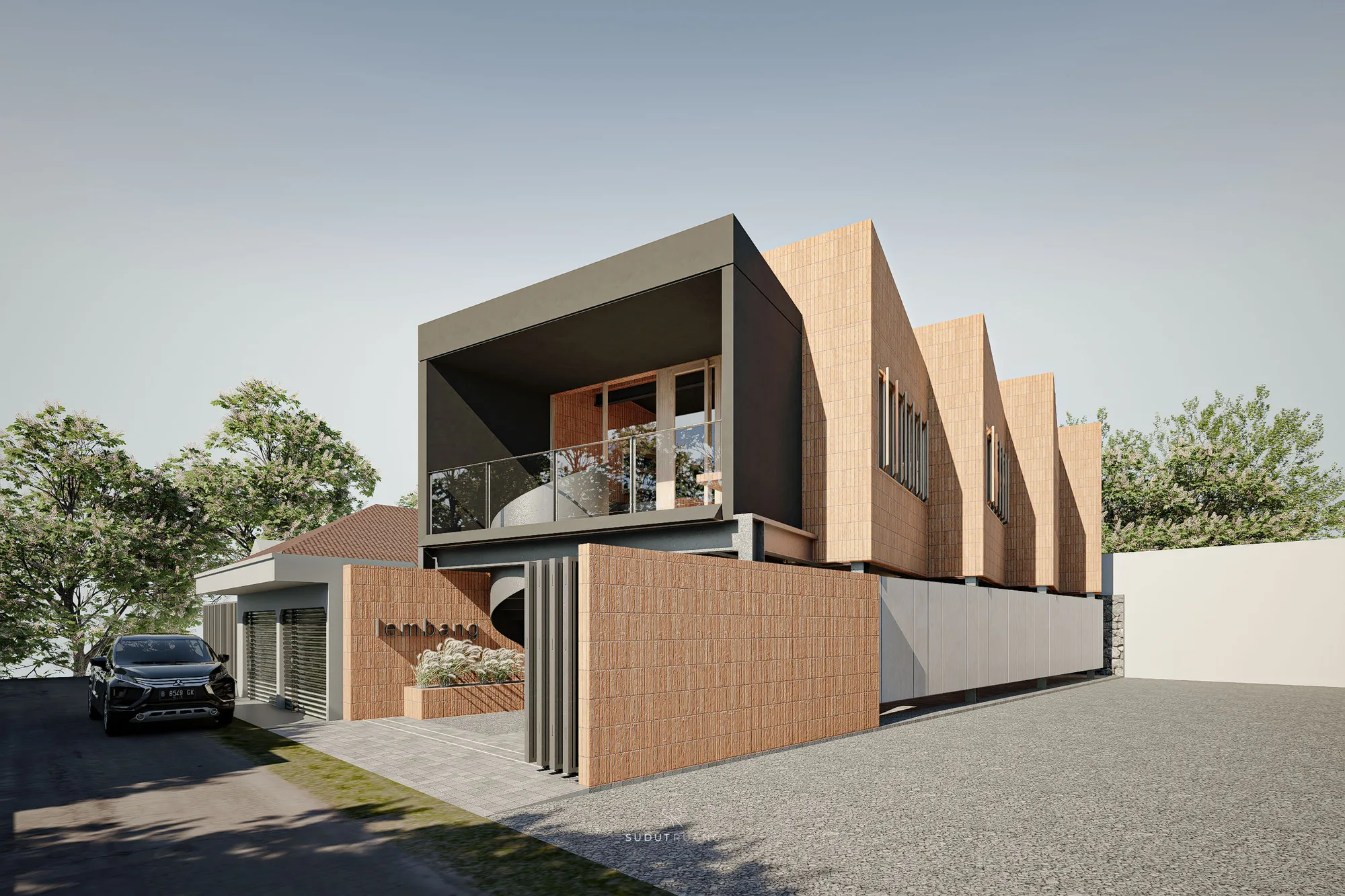 Full street elevation: the dark cantilevered box tilts forward over a brick ground floor, "lembang" lettering set into the entrance wall.