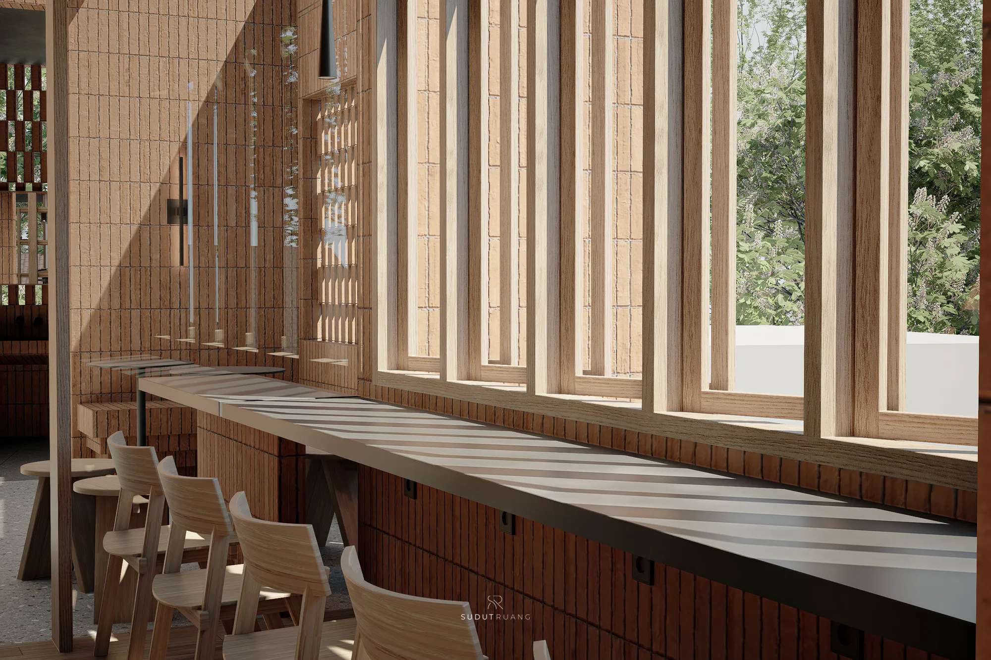Timber-louvred windows along the rooftop terrace, vertical slats framing the street trees beyond.