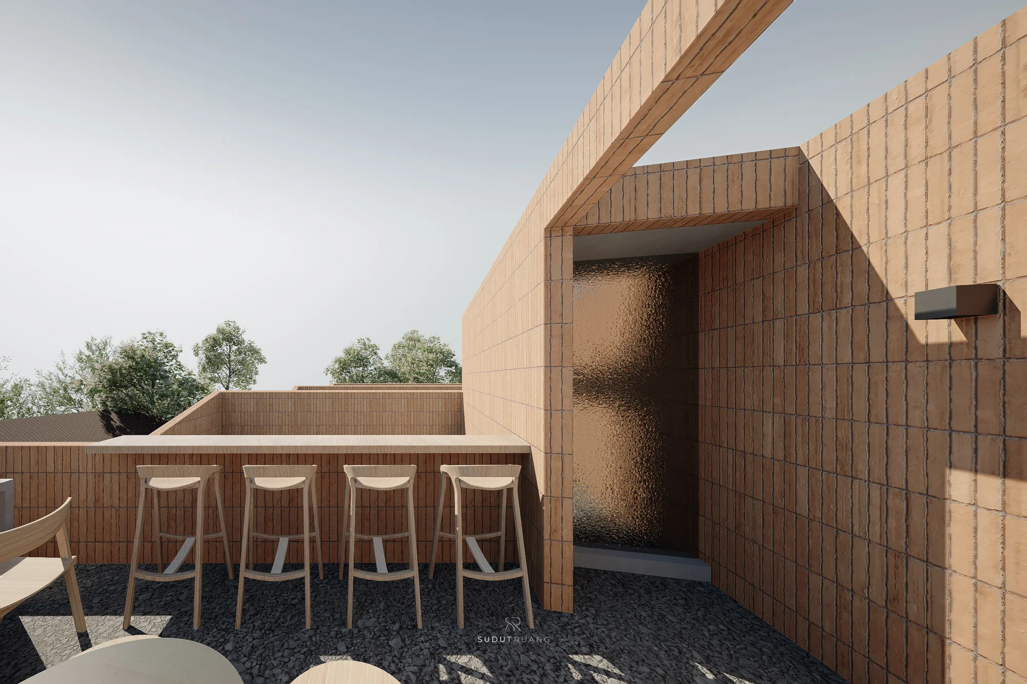 Rooftop bar counter with timber stools facing a textured glass door set into the brick parapet, trees rising beyond.