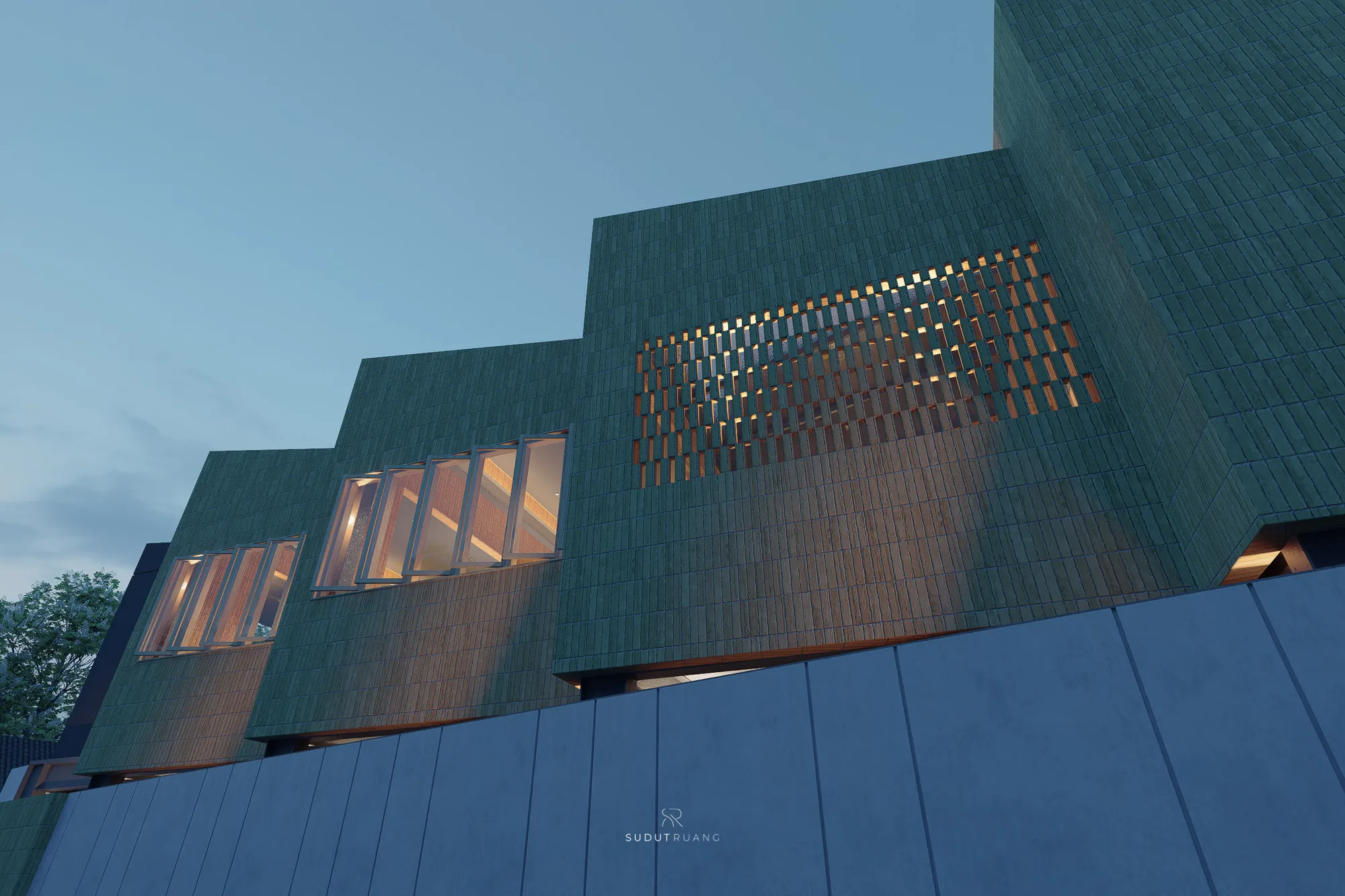Upward dusk view of the brick-tiled facade, its perforated band glowing from the lit interior behind, folding windows open along the row below.