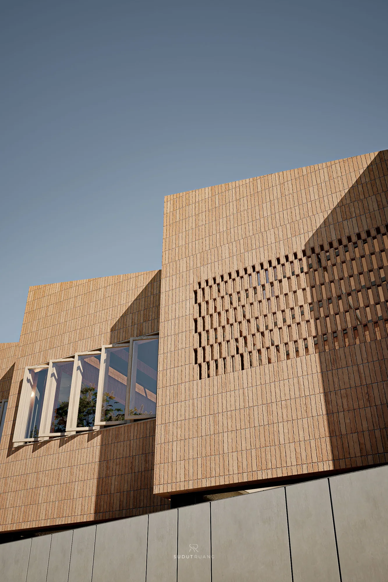 Low-angle close on the brick-clad upper volume, its perforated pattern and a folding timber-framed window catching the low sun.