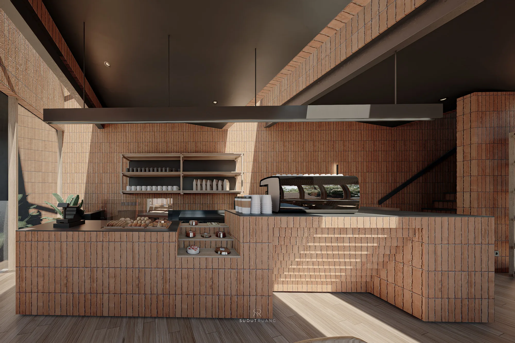 Pastry and coffee-bag display beside the espresso machine, the black stair rising past the brick-tiled counter into the loft.