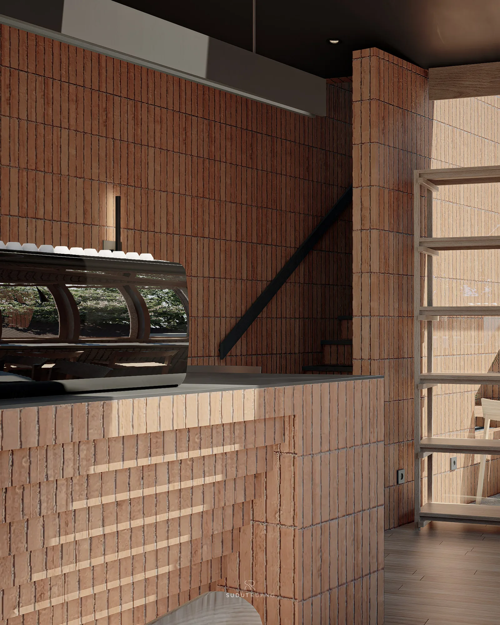 Close on the curved brick counter corner, its dark terrazzo top holding the espresso machine that mirrors the greenery outside.