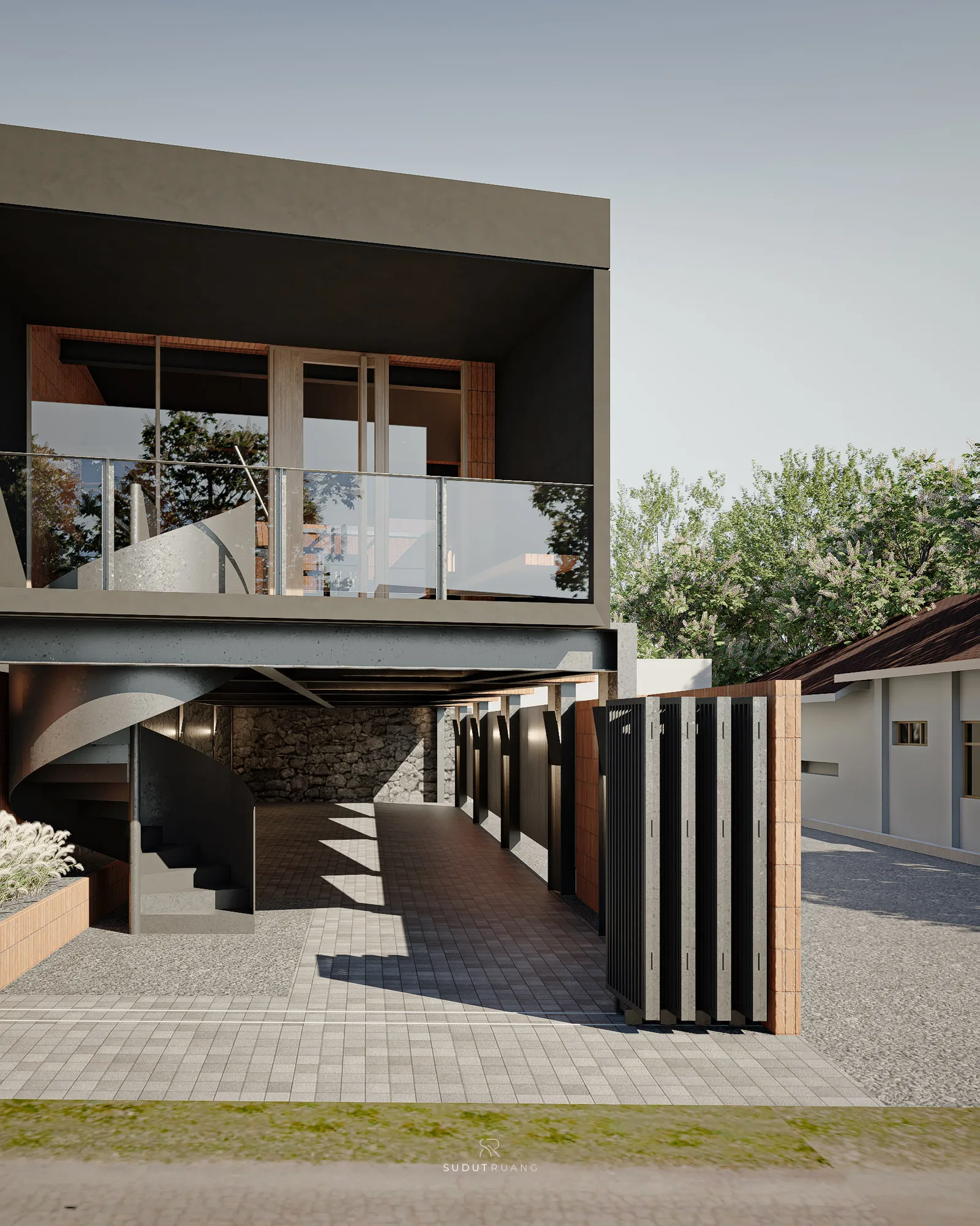 Covered brick-column walkway leading from the street gate to a spiral stair, a black steel beam cantilevering the floor above overhead.