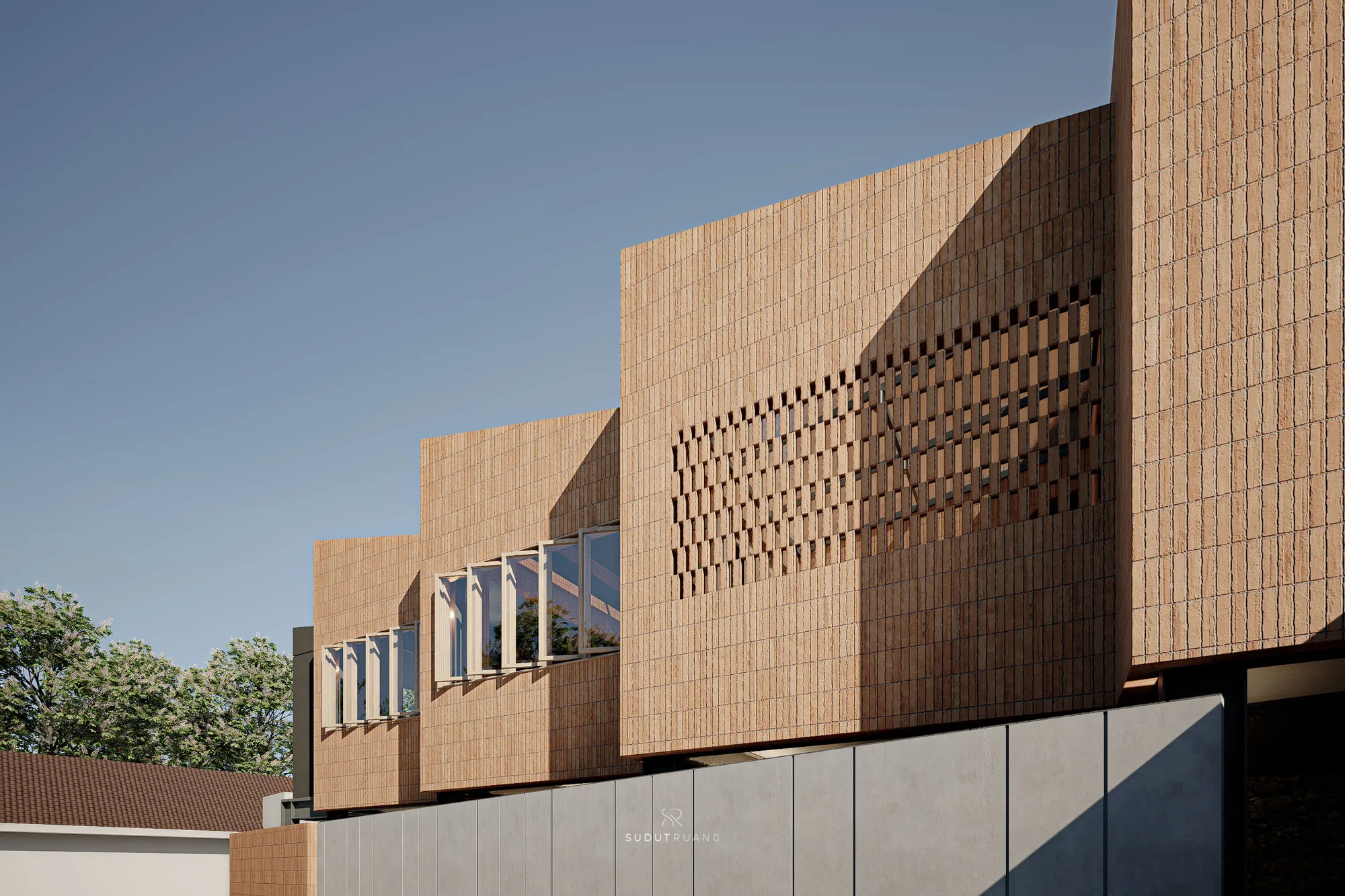 Close on the brick facade's perforated band catching raking sunlight, a folding window opening onto the floor below.