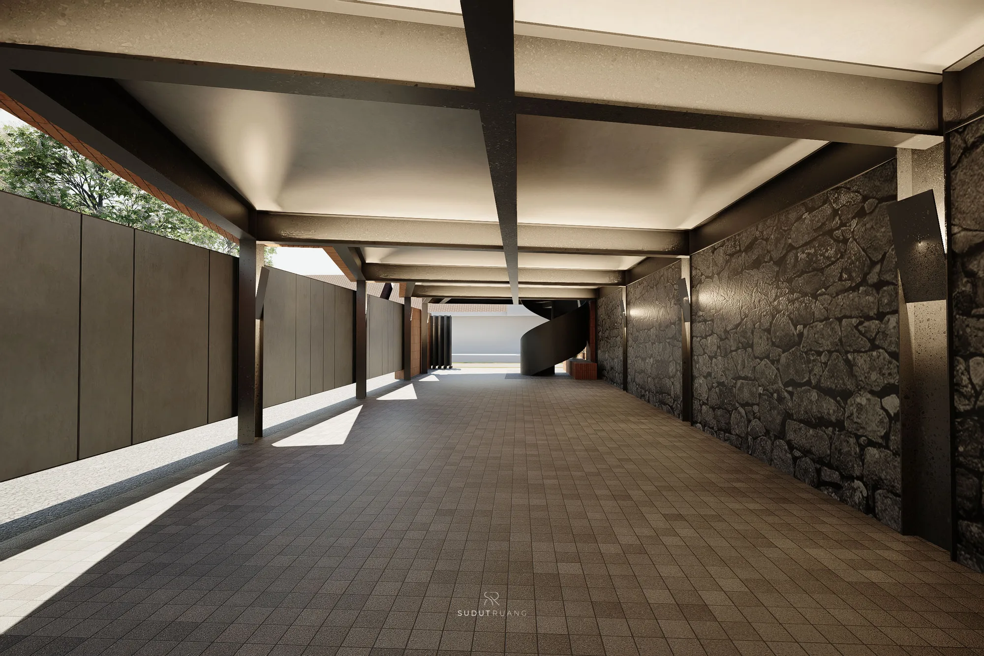 Covered walkway toward the entrance, dark steel panelling on one side and a raw stone wall on the other, the spiral stair visible ahead.