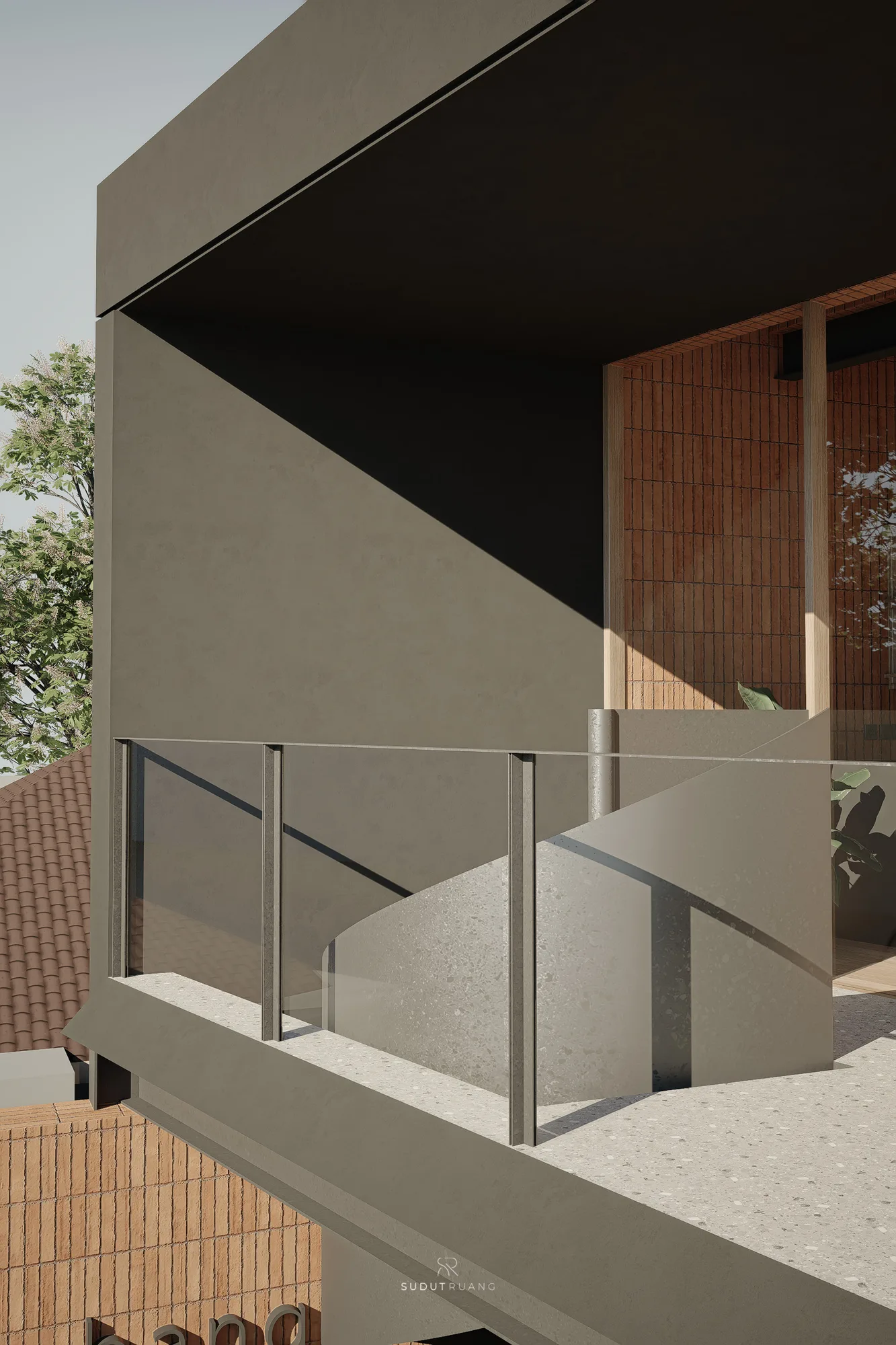 Glass balustrade framing the concrete spiral stair from the upper terrace, brick cladding and a potted plant just beyond.