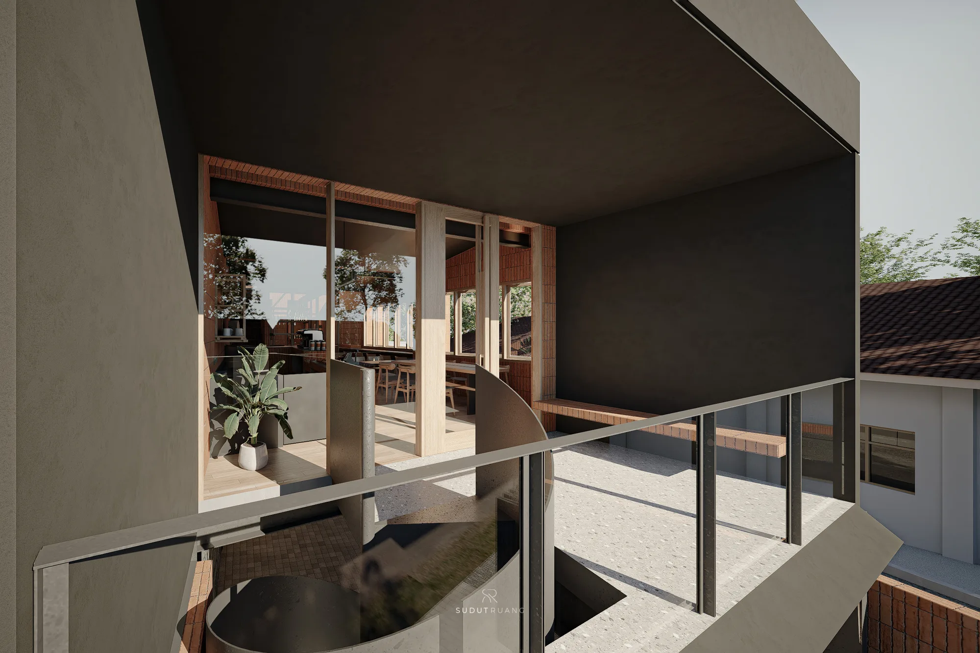 Interior dining room looking toward the open entrance, the black steel spiral stair rising through a curved brick-clad core.